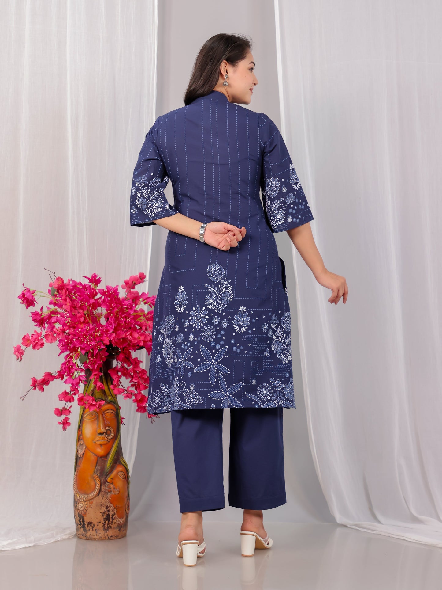 Soft Cotton Placement Print A-line Blue Kurta
