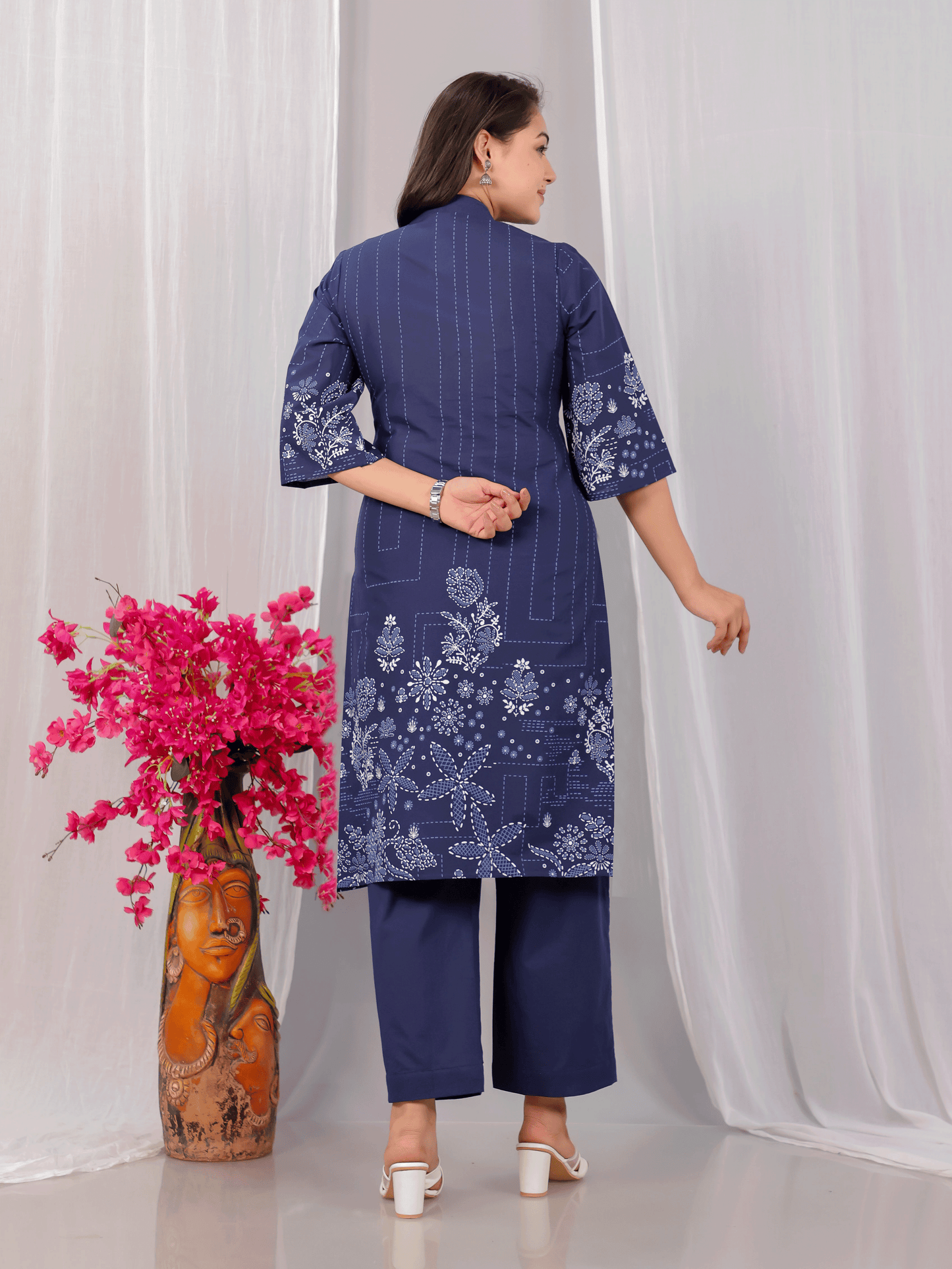 Soft Cotton Placement Print A-line Blue Kurta