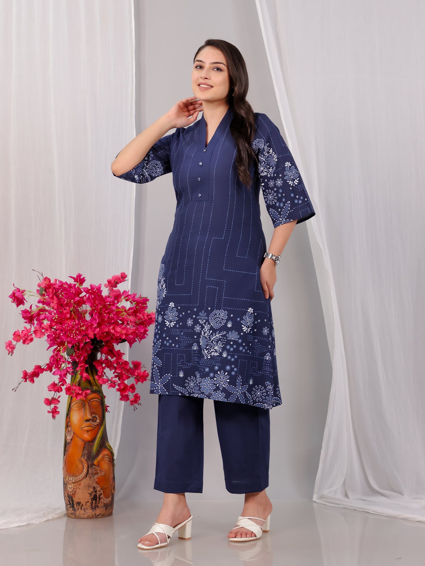 Soft Cotton Placement Print A-line Blue Kurta
