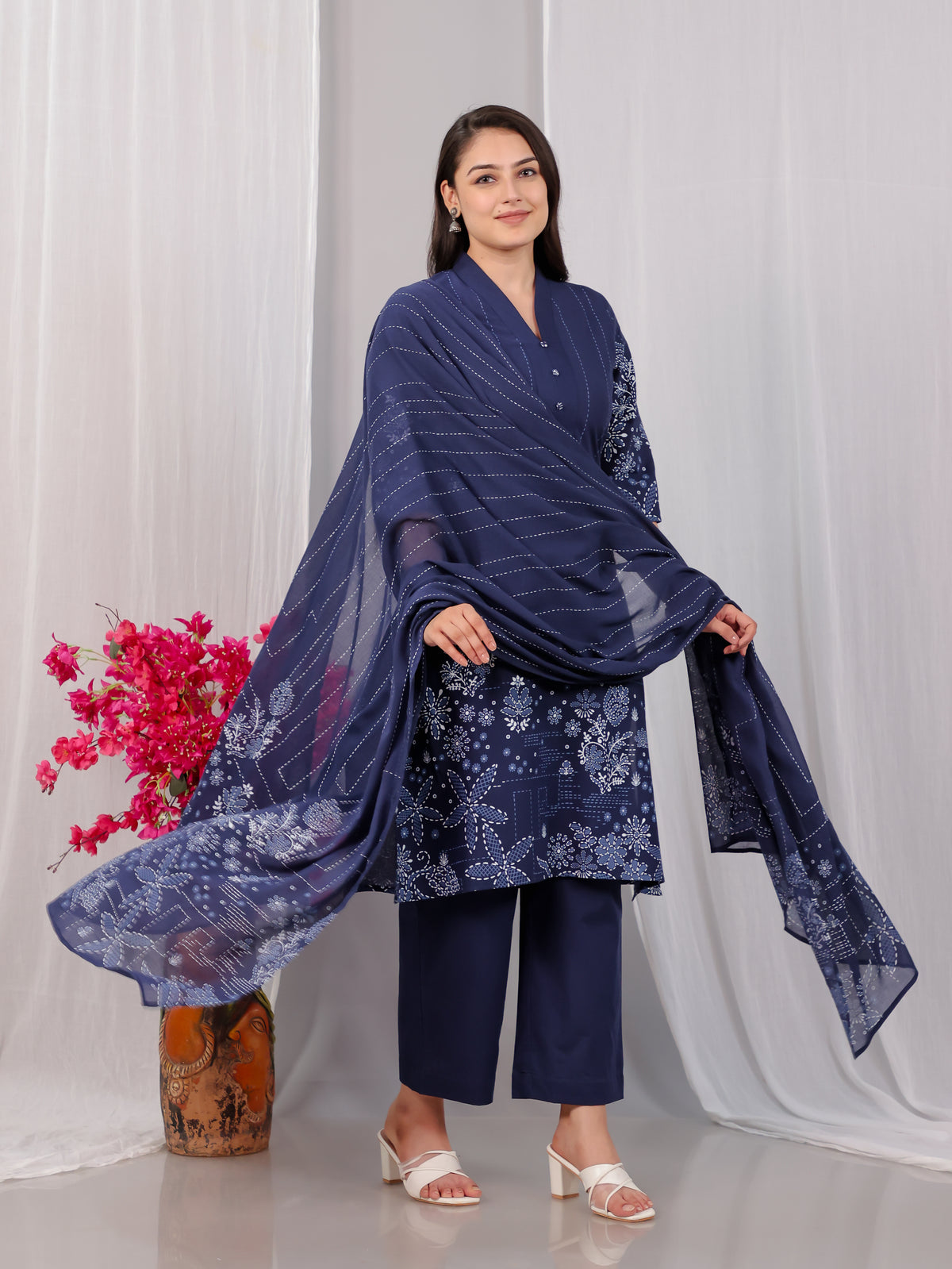 Soft Cotton Placement Print A-line Blue Kurta