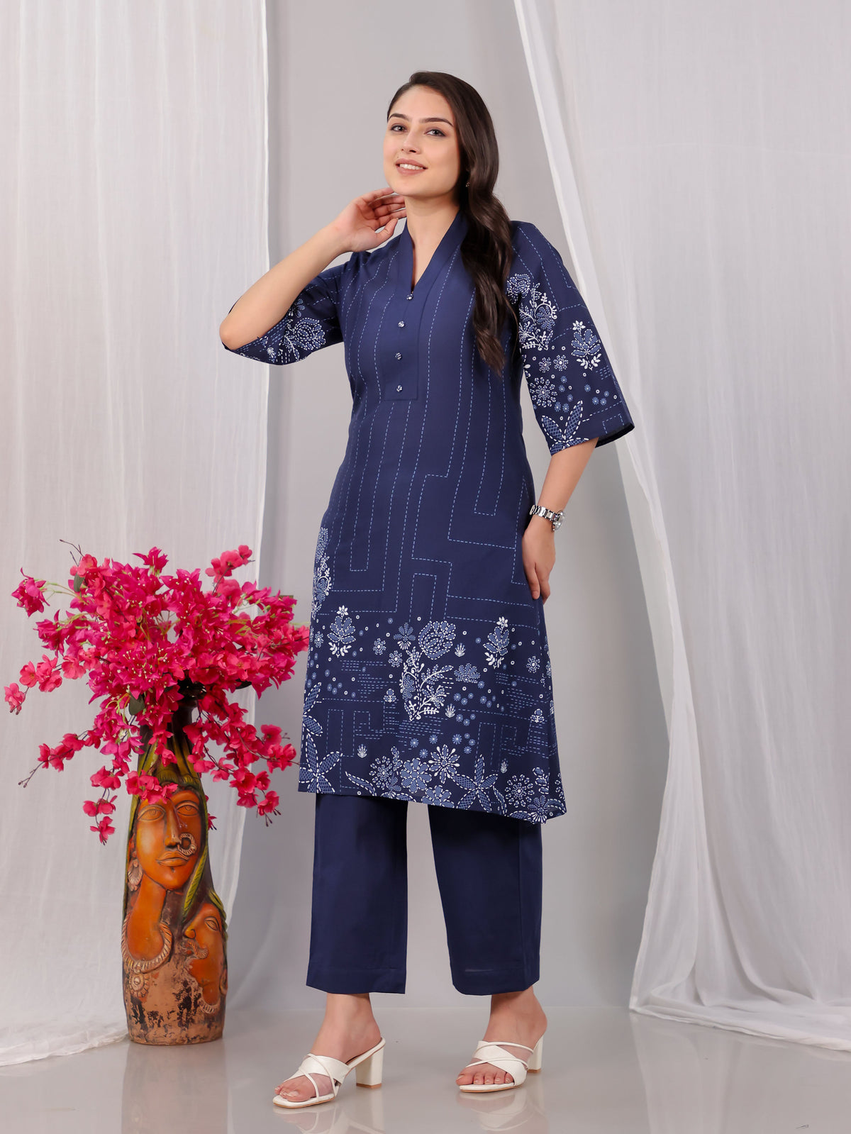 Soft Cotton Placement Print A-line Blue Kurta