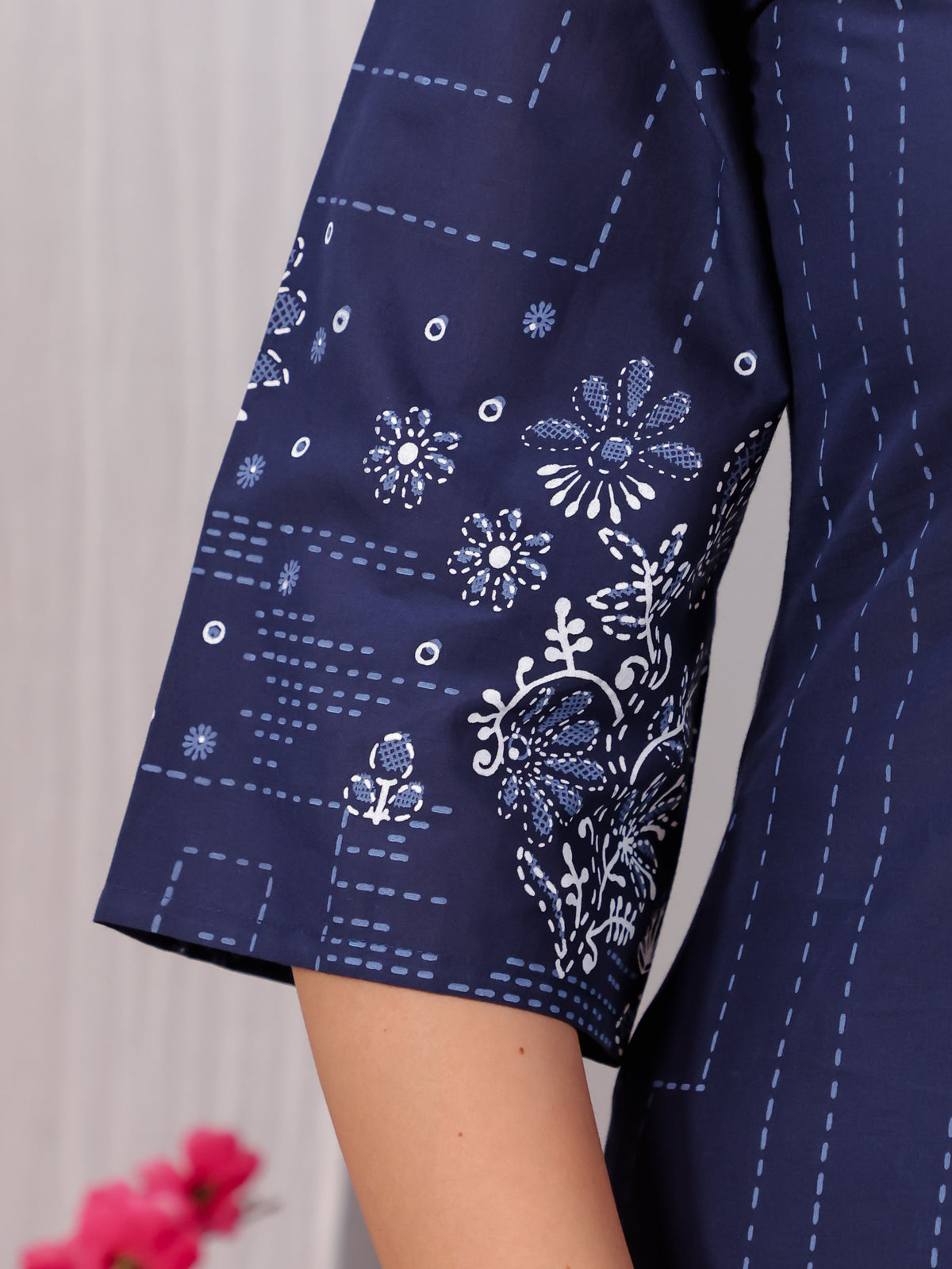 Soft Cotton Placement Print A-line Blue Kurta
