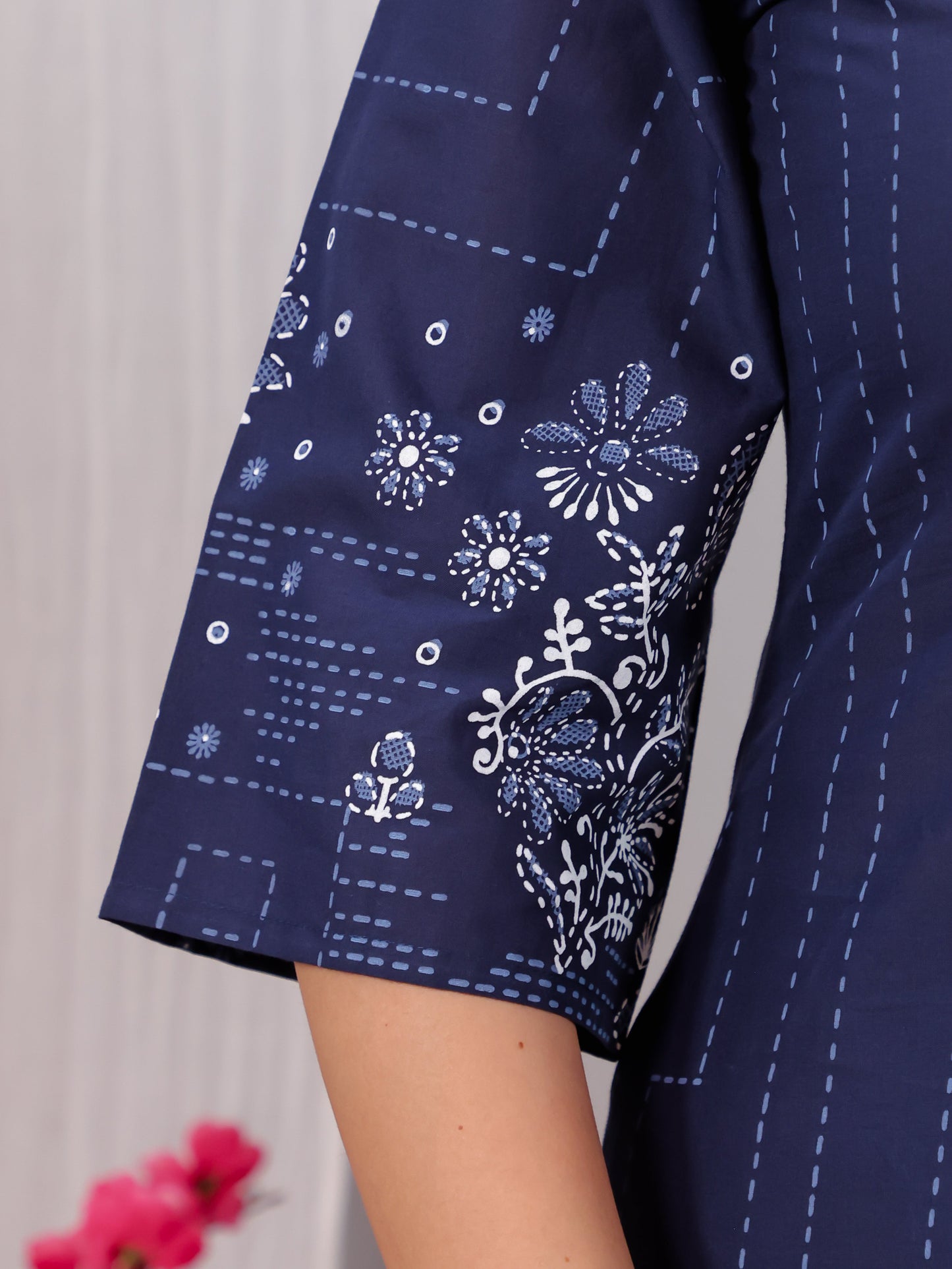 Soft Cotton Placement Print A-line Blue Kurta