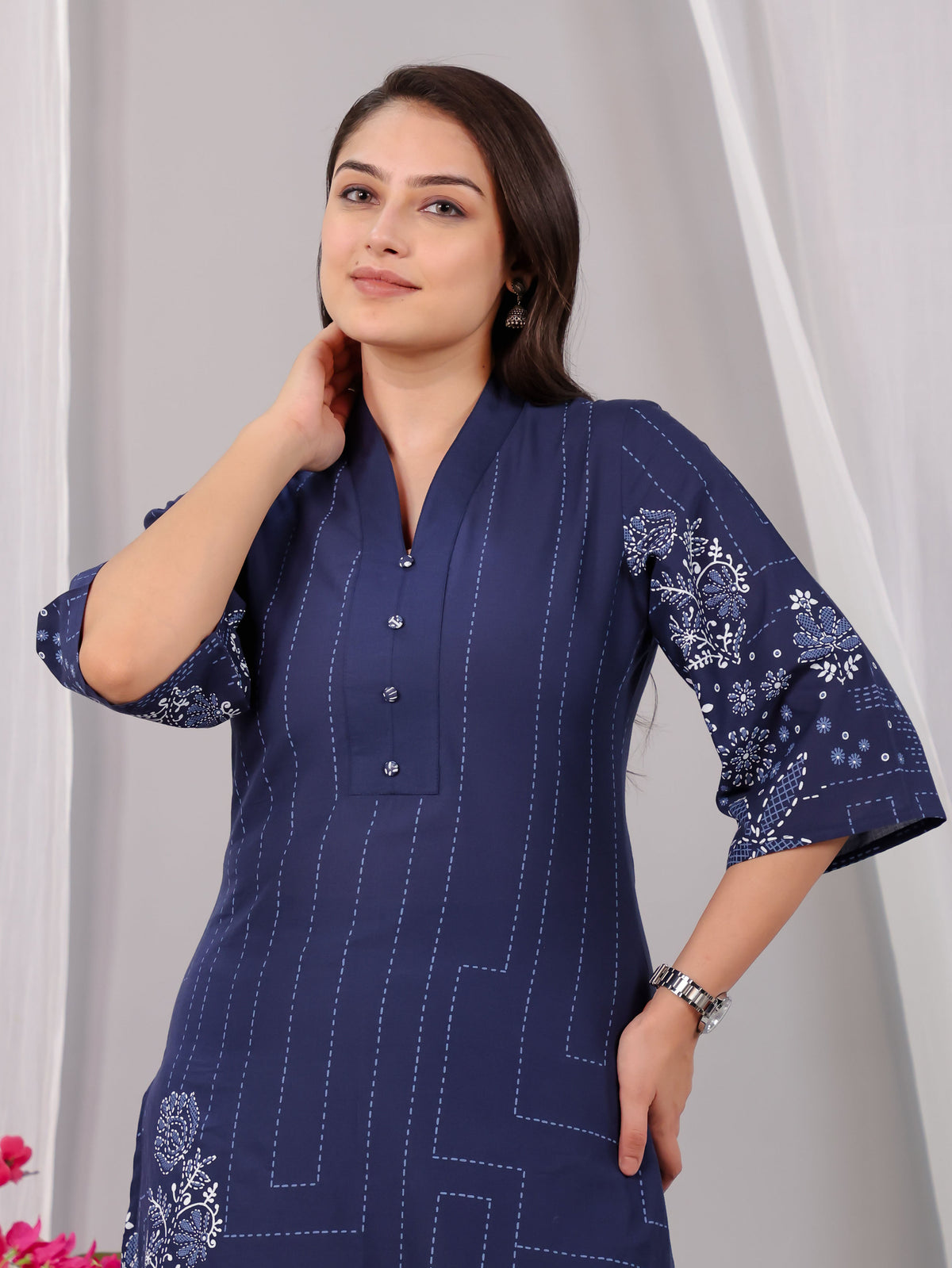 Soft Cotton Placement Print A-line Blue Kurta