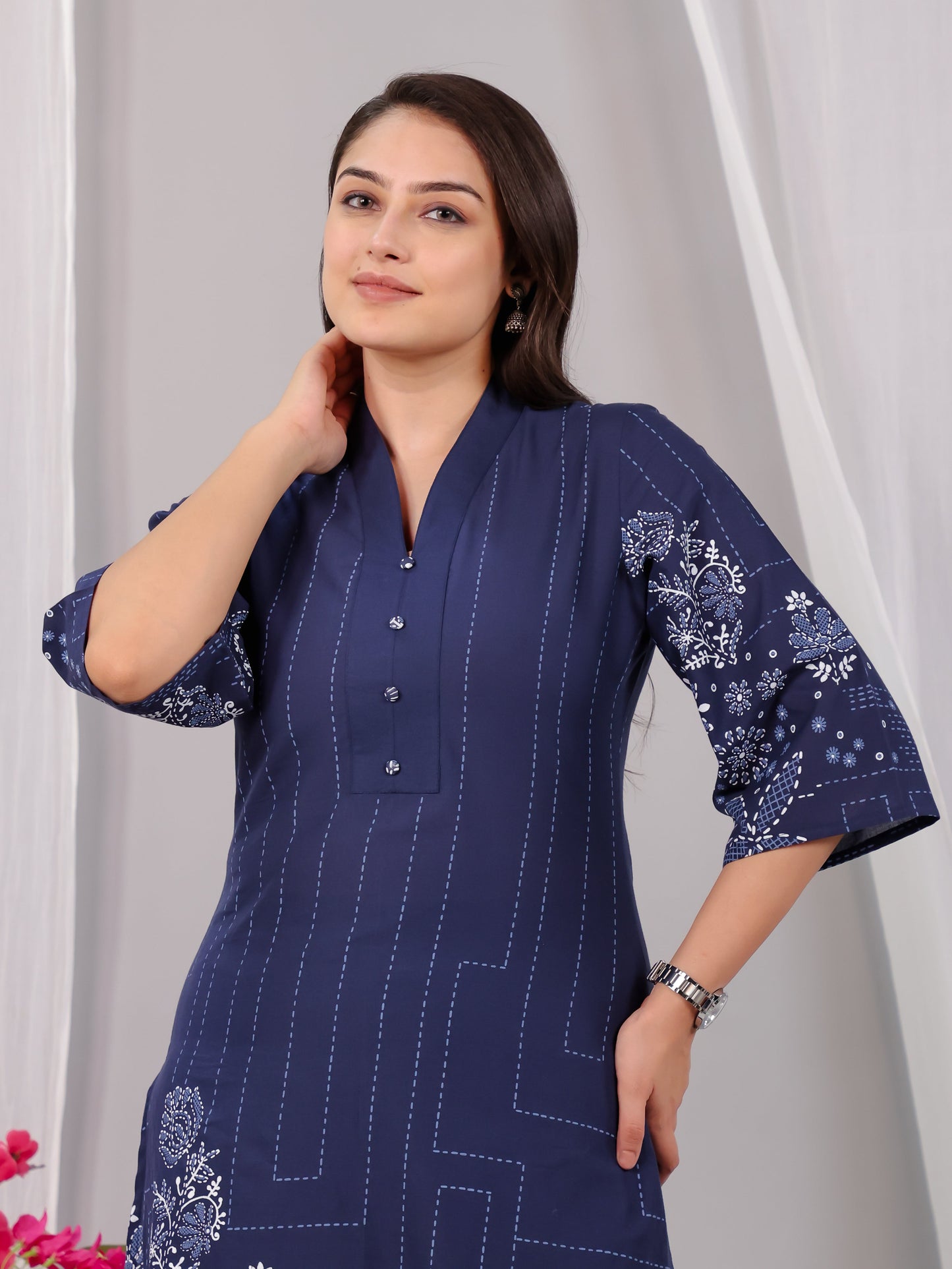 Soft Cotton Placement Print A-line Blue Kurta