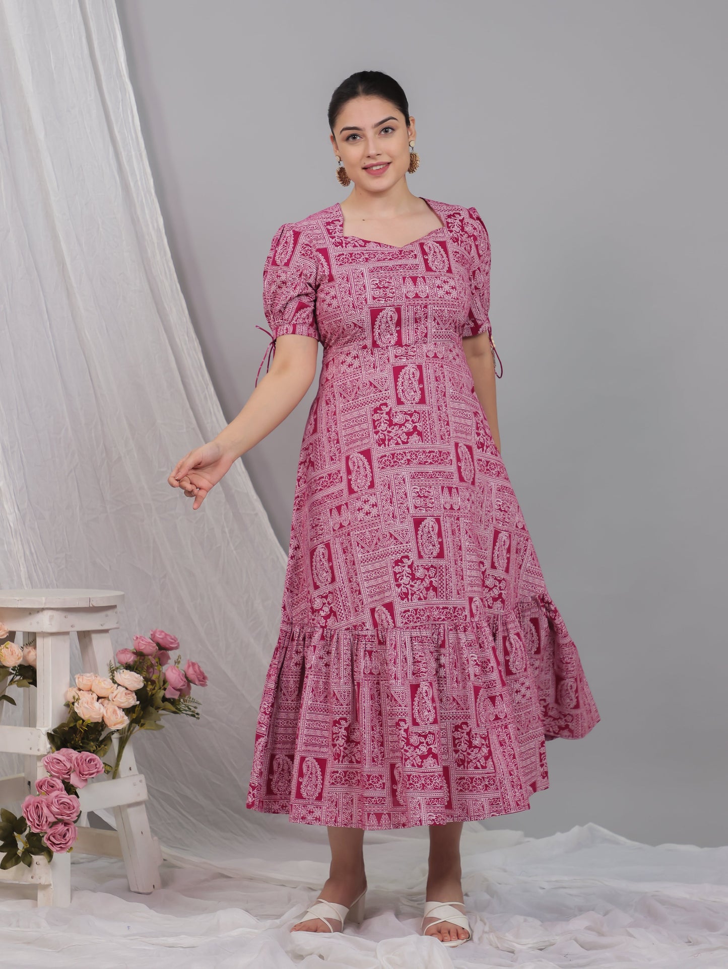 Soft Cotton Patchwork Flared Pink Dress