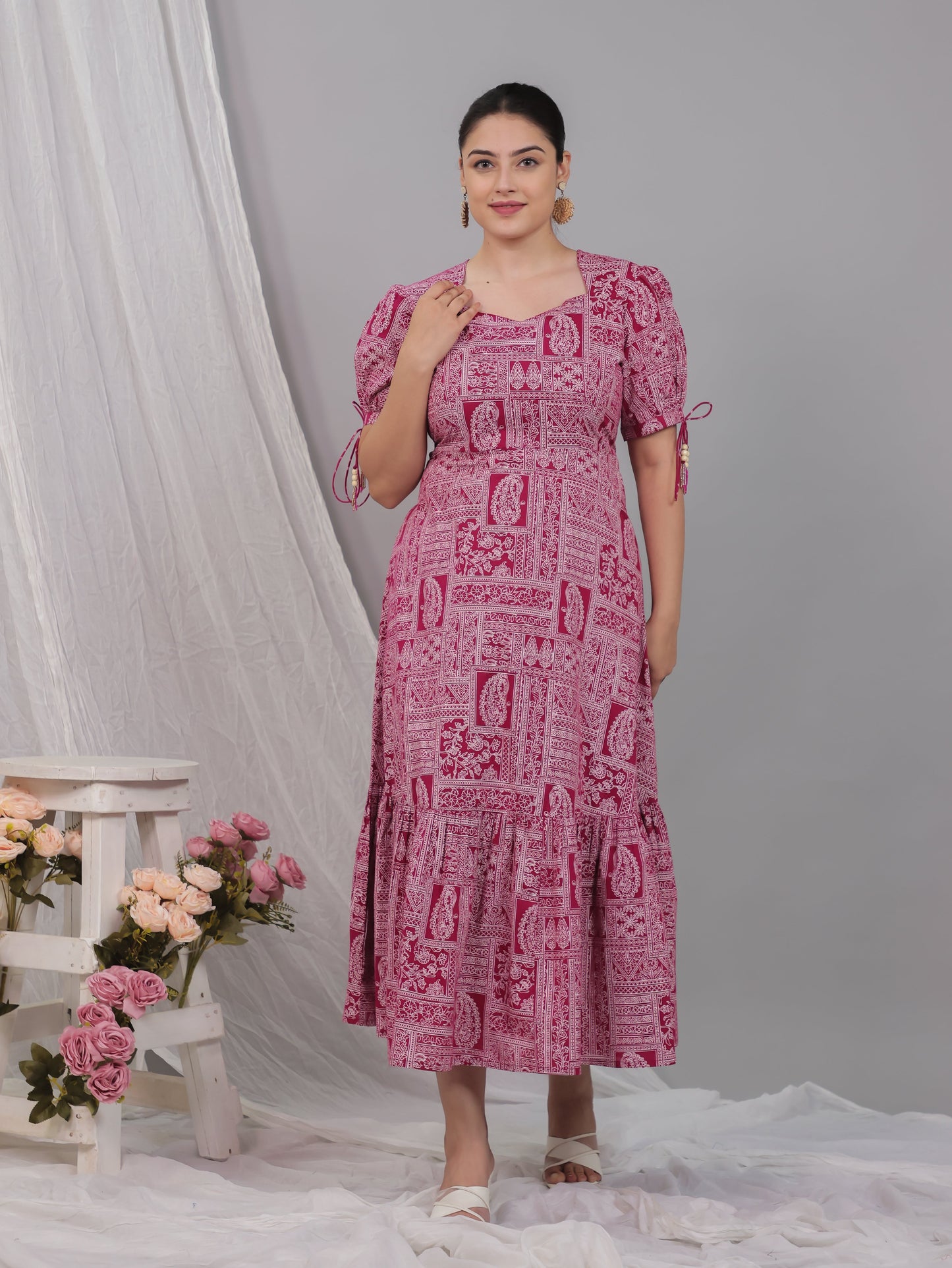 Soft Cotton Patchwork Flared Pink Dress