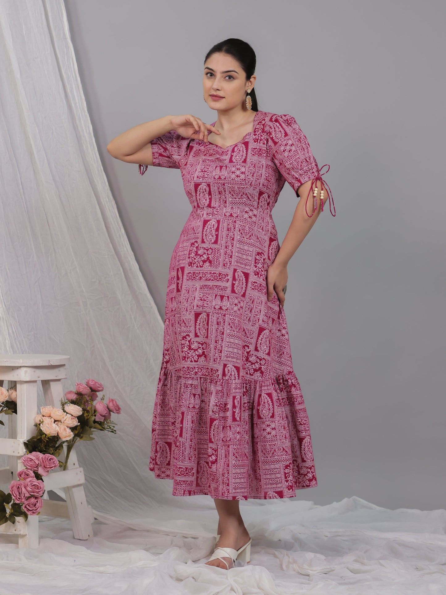 Soft Cotton Patchwork Flared Pink Dress