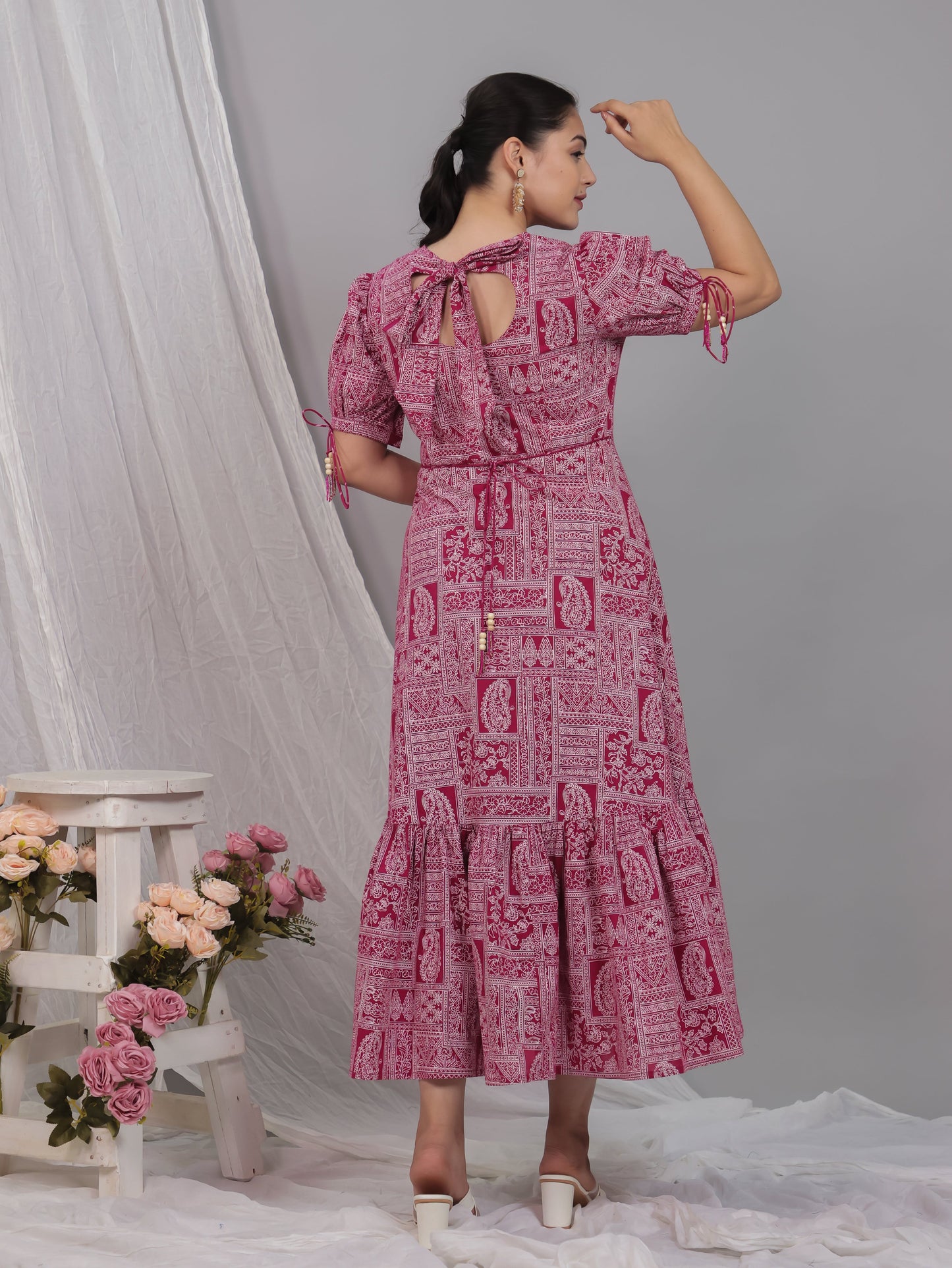 Soft Cotton Patchwork Flared Pink Dress
