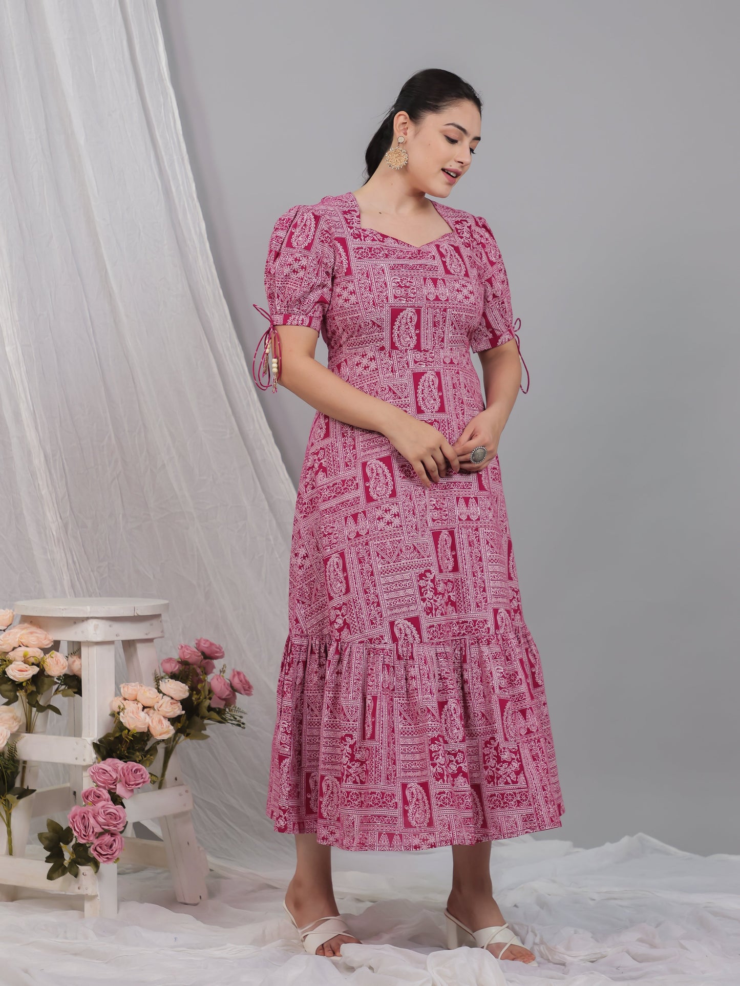 Soft Cotton Patchwork Flared Pink Dress