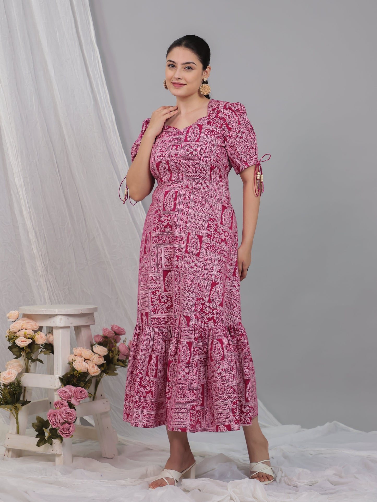Soft Cotton Patchwork Flared Pink Dress