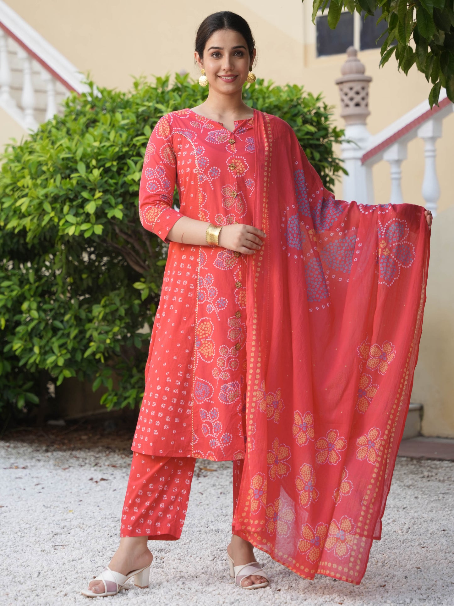 Soft Cotton Bandhani A-line Red Kurta