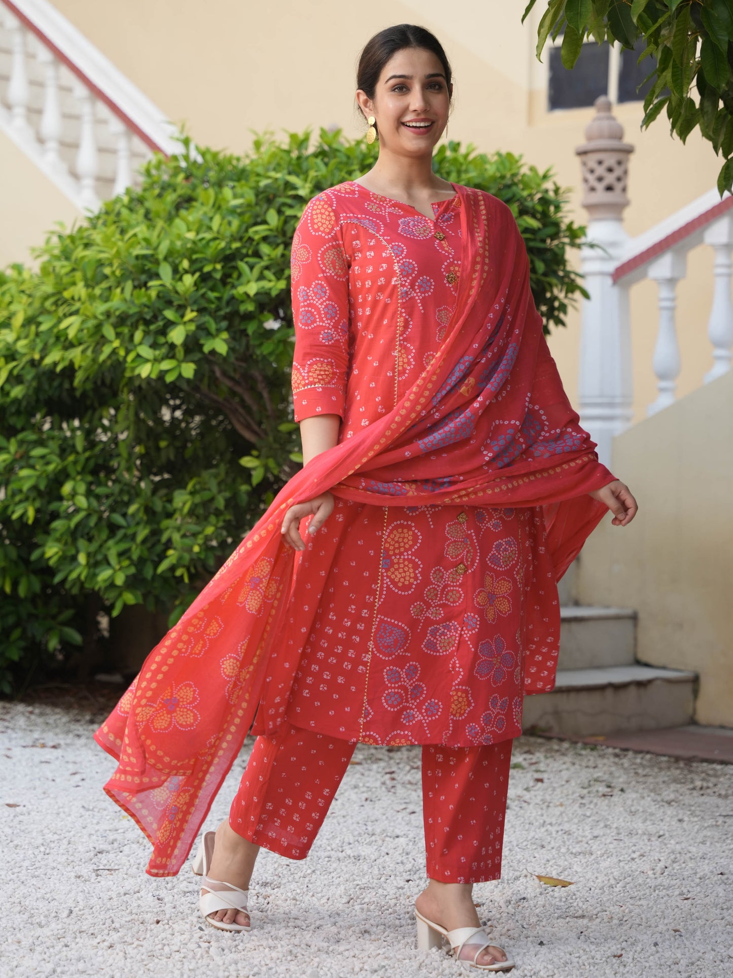 Soft Cotton Bandhani A-line Red Kurta