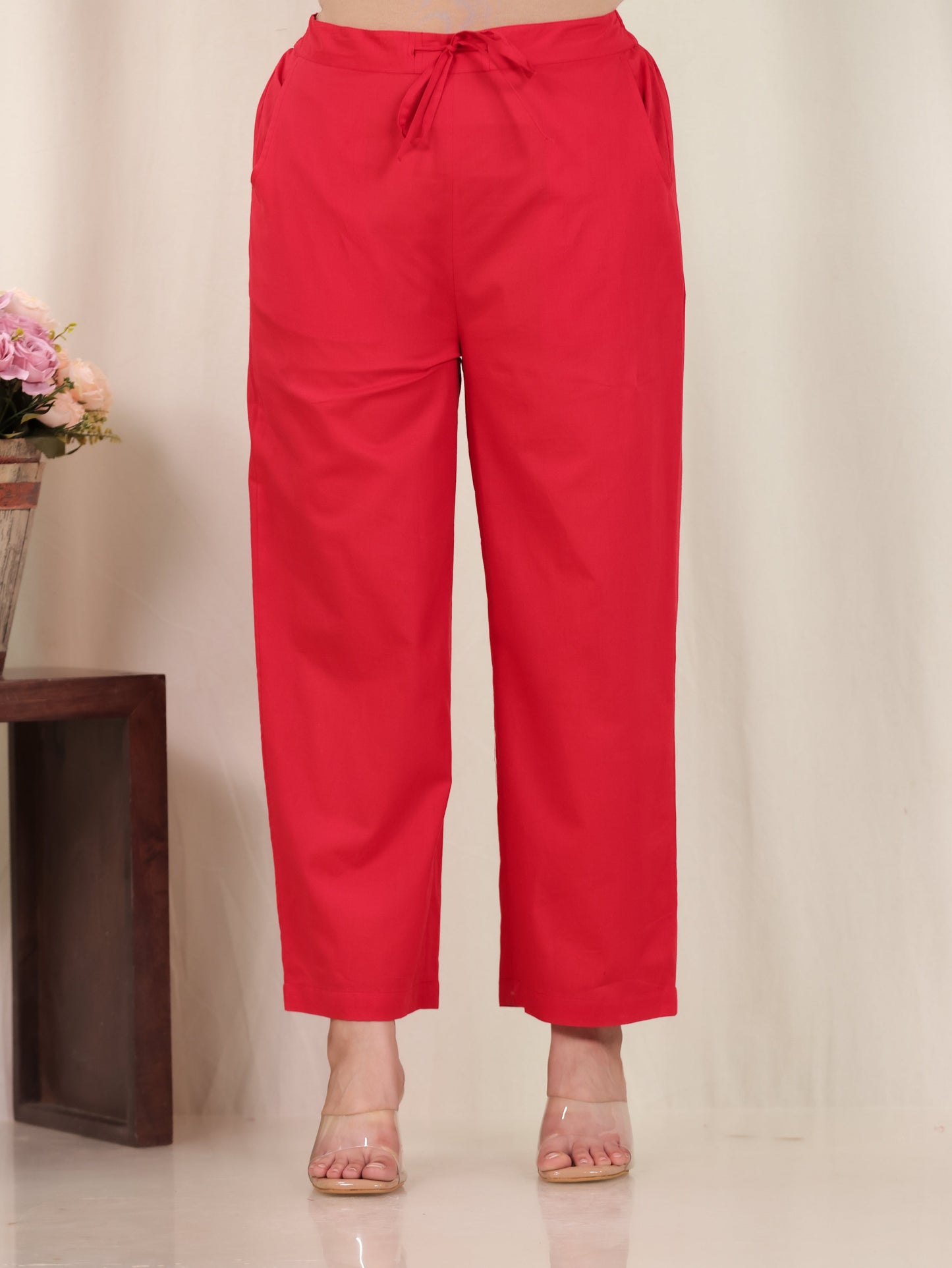 Soft Cotton Solid Rust Straight Trousers