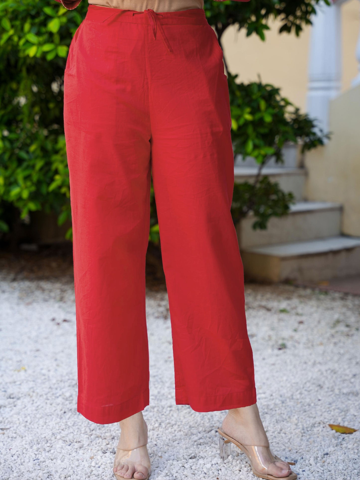 Soft Cotton Solid Rust Straight Trousers