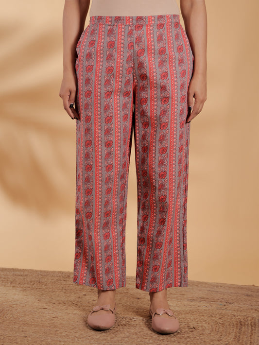 Soft Cotton Floral Grey Straight Trousers