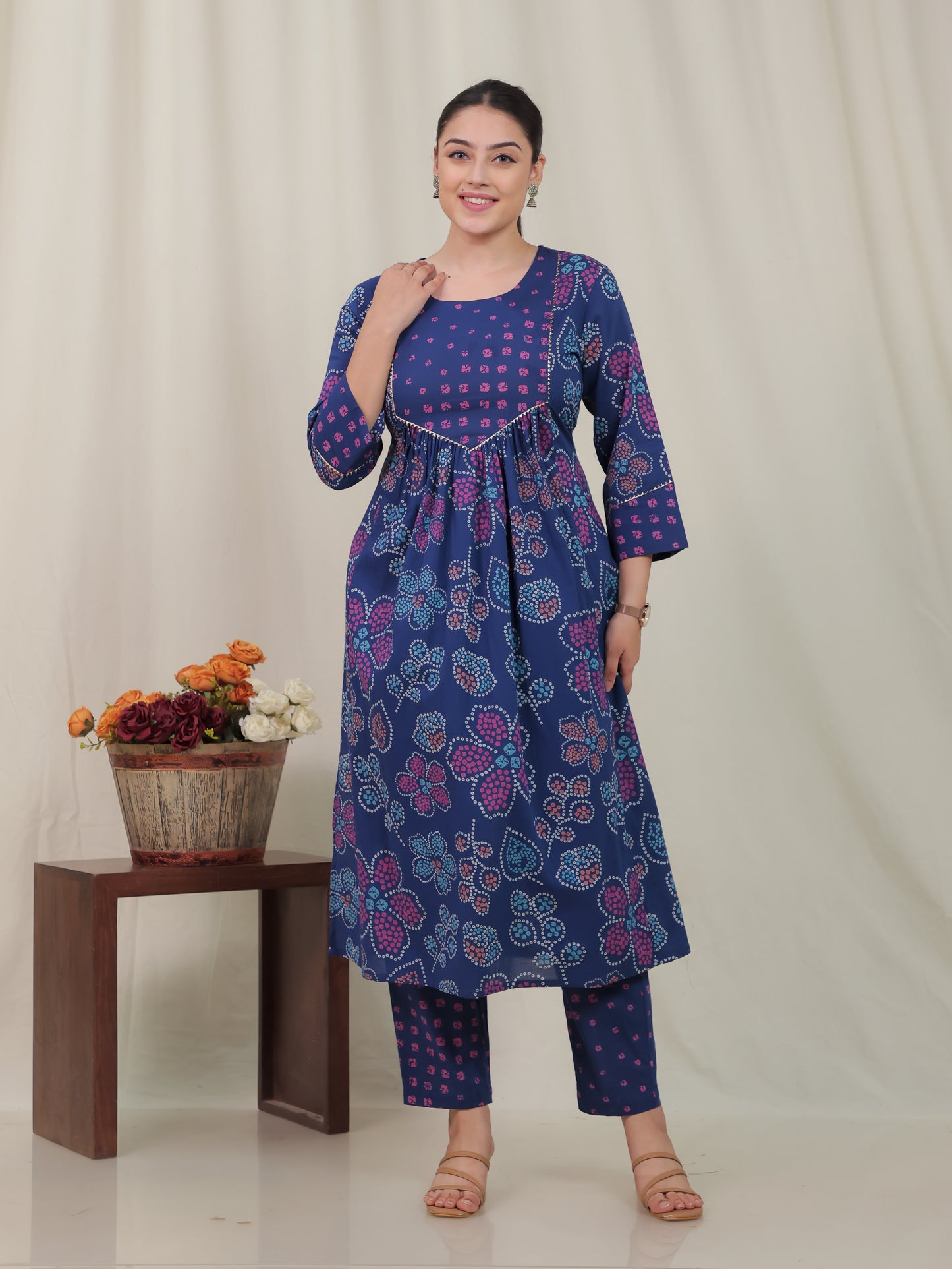 Soft Cotton Bandhani Flared Blue Kurta