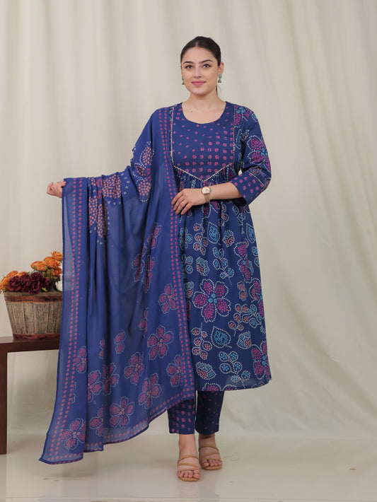 Soft Cotton Bandhani Flared Blue Kurta