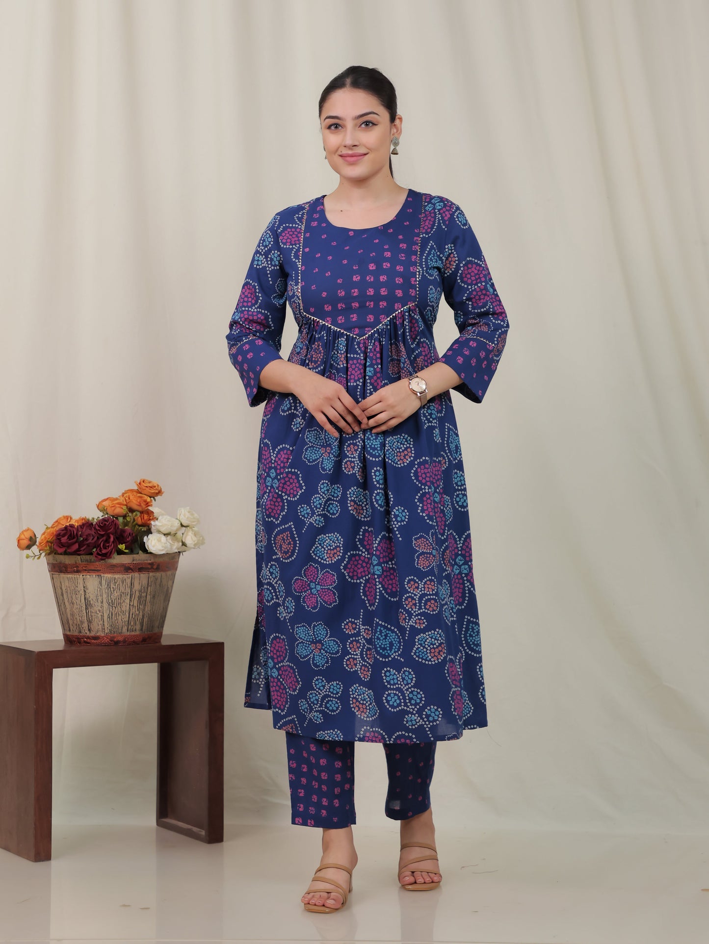 Soft Cotton Bandhani Flared Blue Kurta