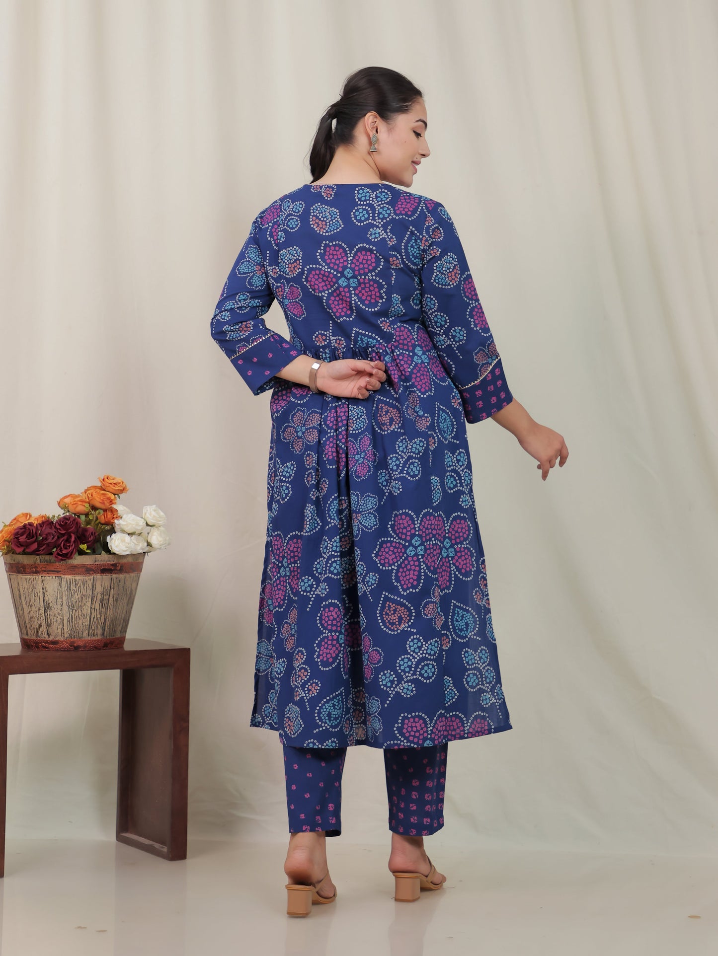 Soft Cotton Bandhani Flared Blue Kurta