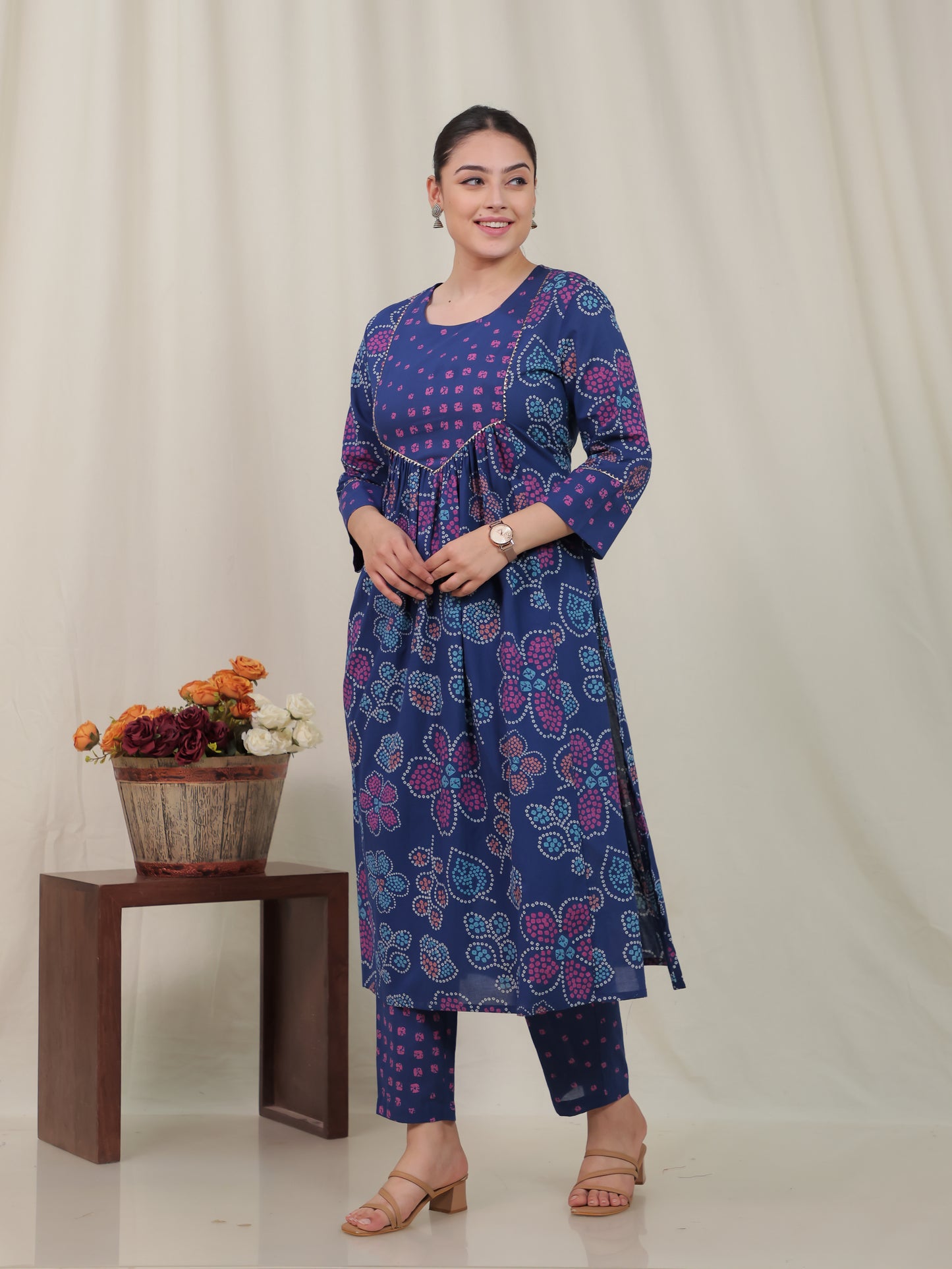 Soft Cotton Bandhani Flared Blue Kurta