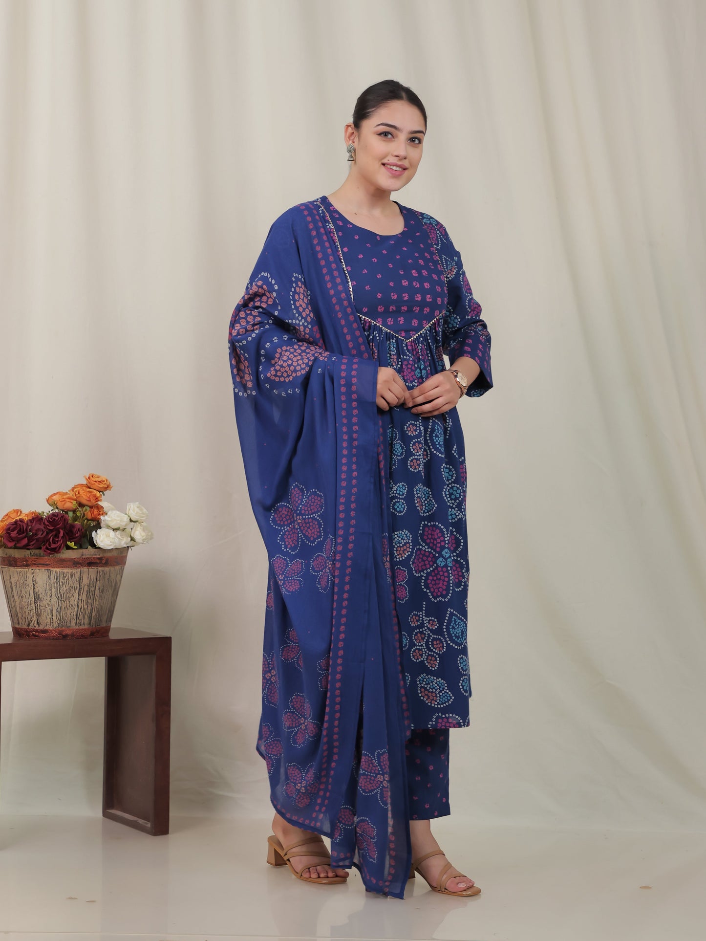 Soft Cotton Bandhani Flared Blue Kurta
