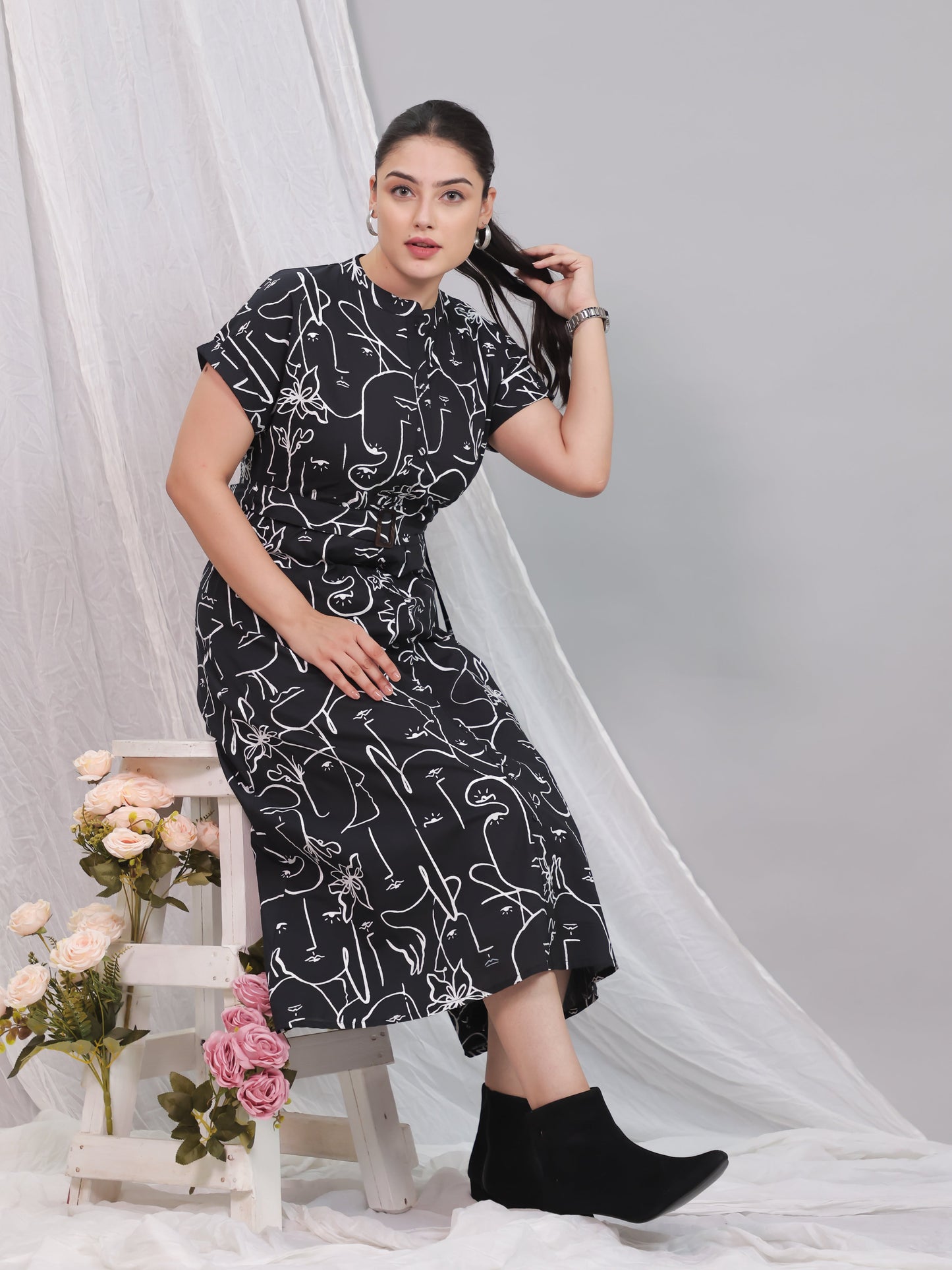 Soft Cotton Abstract A-line Black Dress (With Belt)