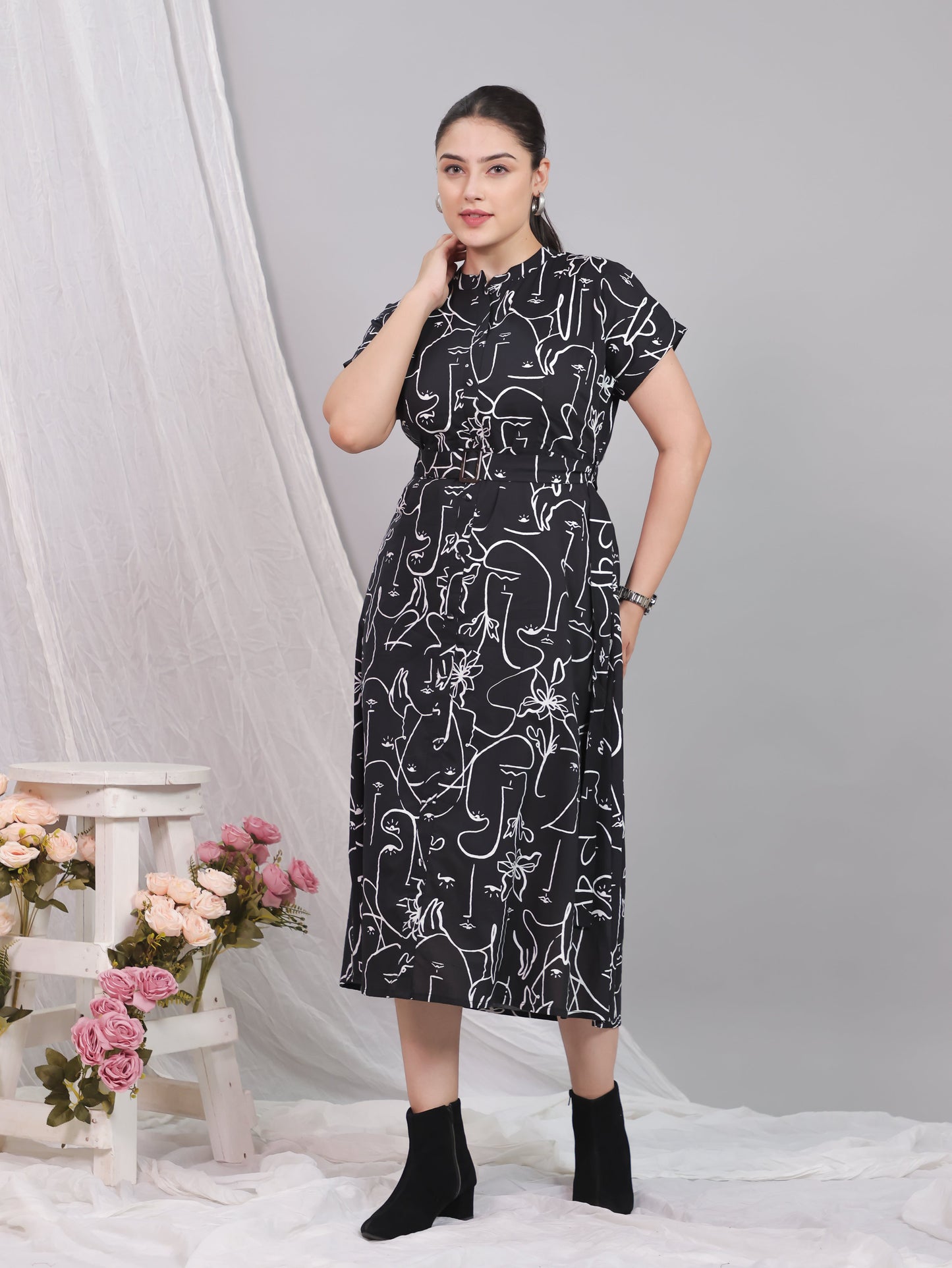 Soft Cotton Abstract A-line Black Dress (With Belt)
