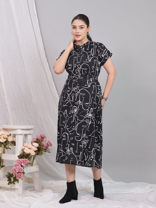 Soft Cotton Abstract A-line Black Dress (With Belt)