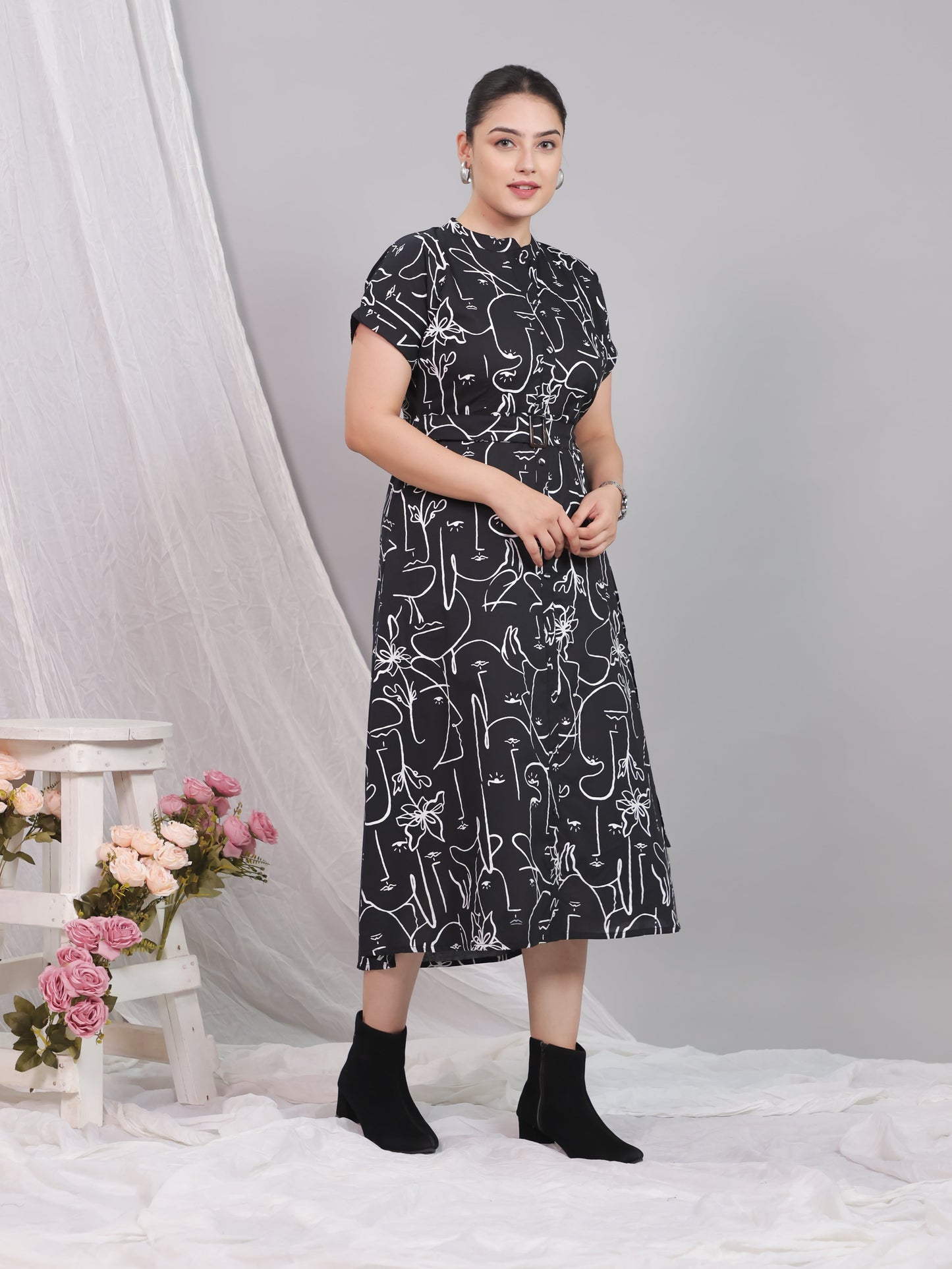 Soft Cotton Abstract A-line Black Dress (With Belt)