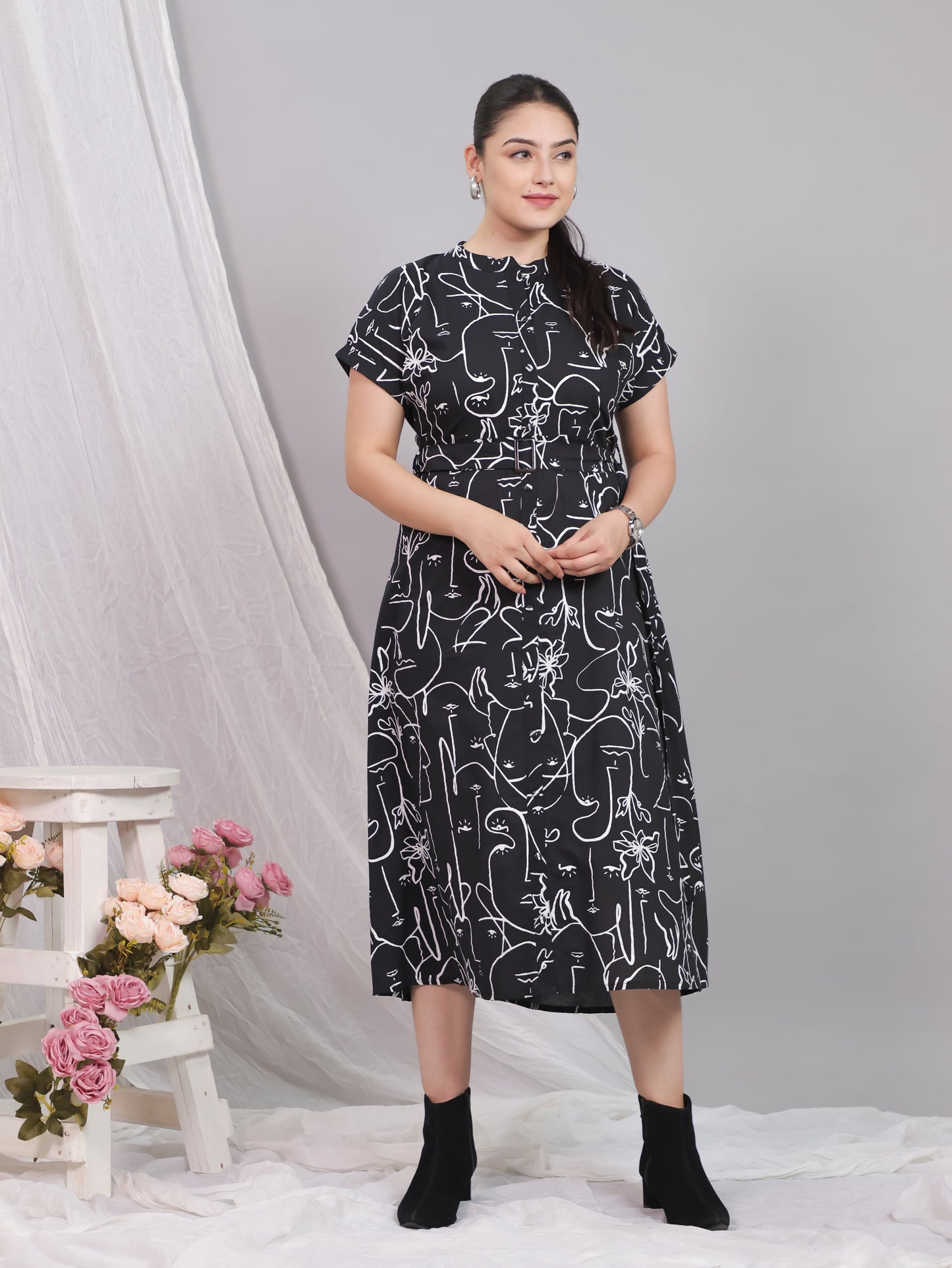 Soft Cotton Abstract A-line Black Dress (With Belt)