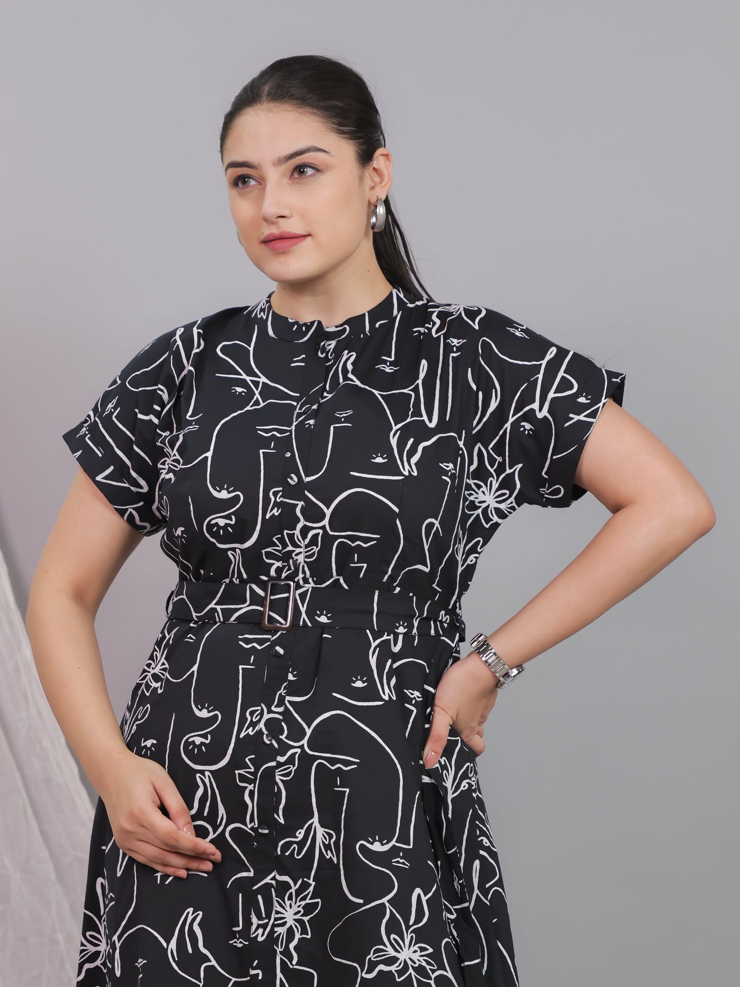 Soft Cotton Abstract A-line Black Dress (With Belt)