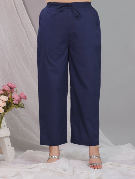 Soft Cotton Solid Blue Straight Trousers