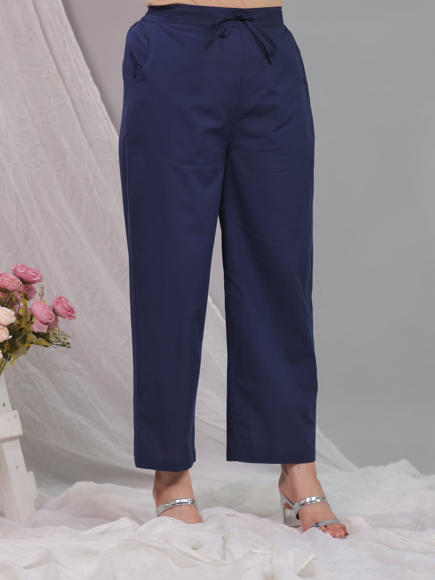 Soft Cotton Solid Blue Straight Trousers