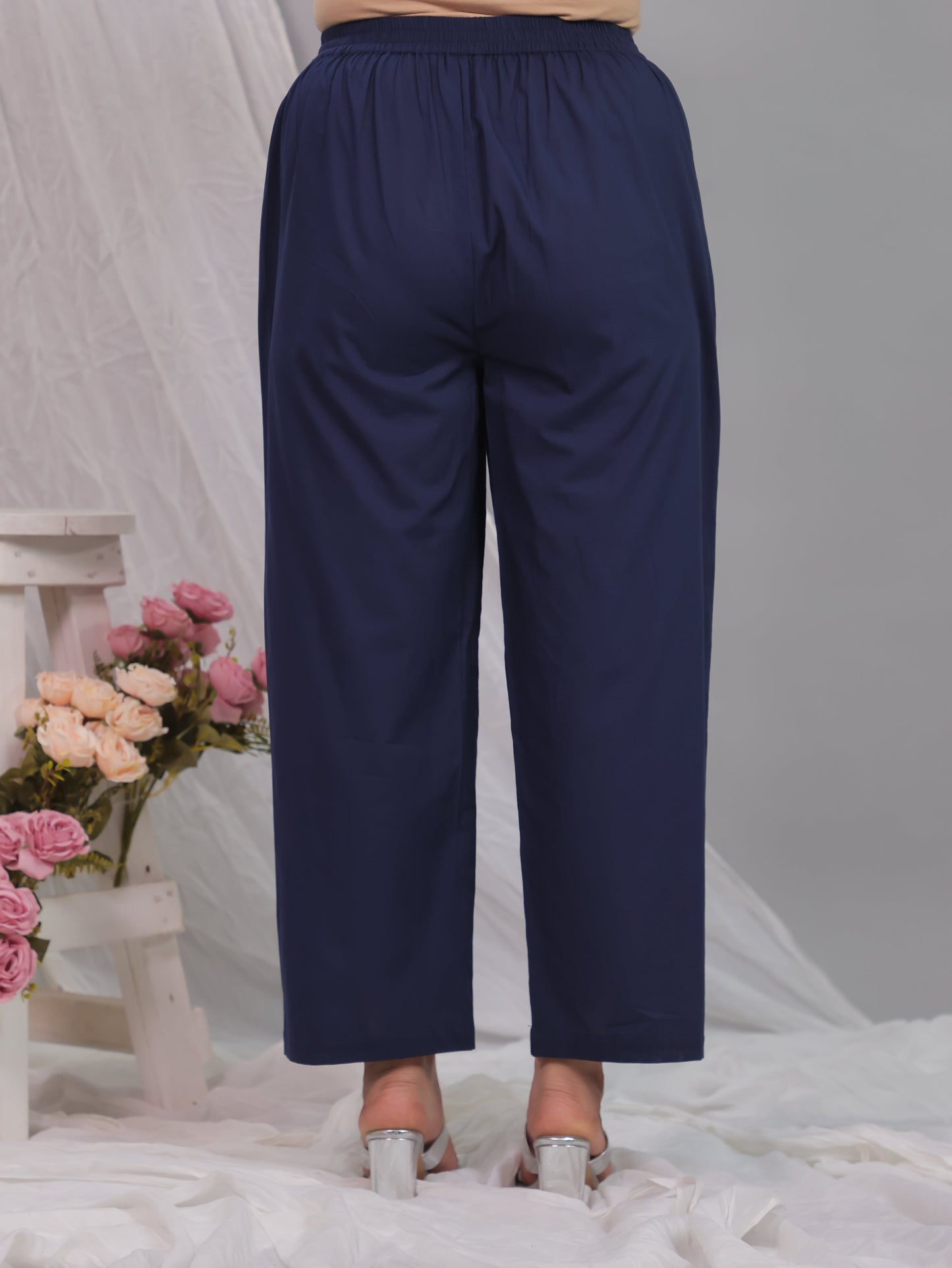 Soft Cotton Solid Blue Straight Trousers