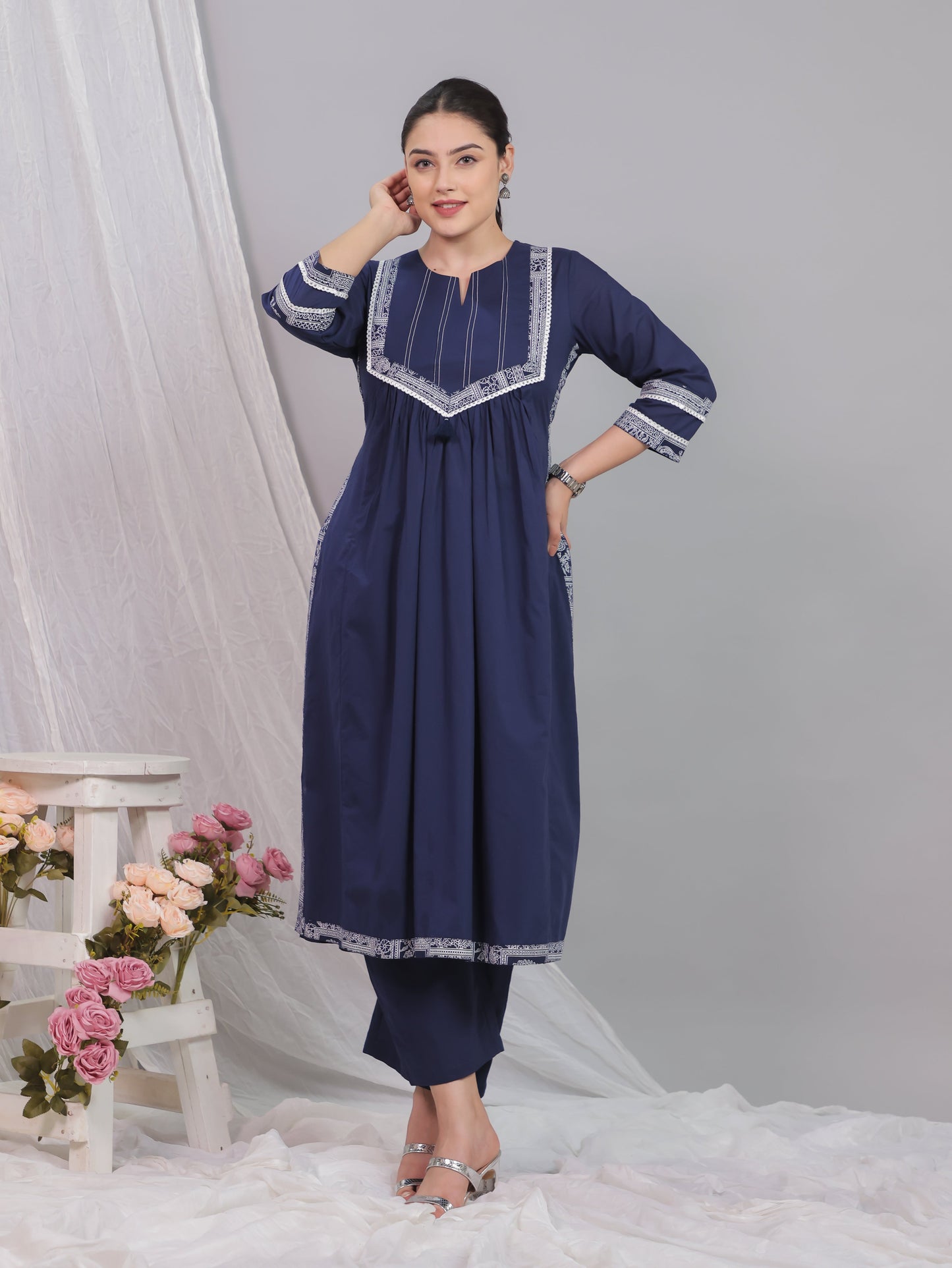 Soft Cotton Solid A-line Blue Kurta
