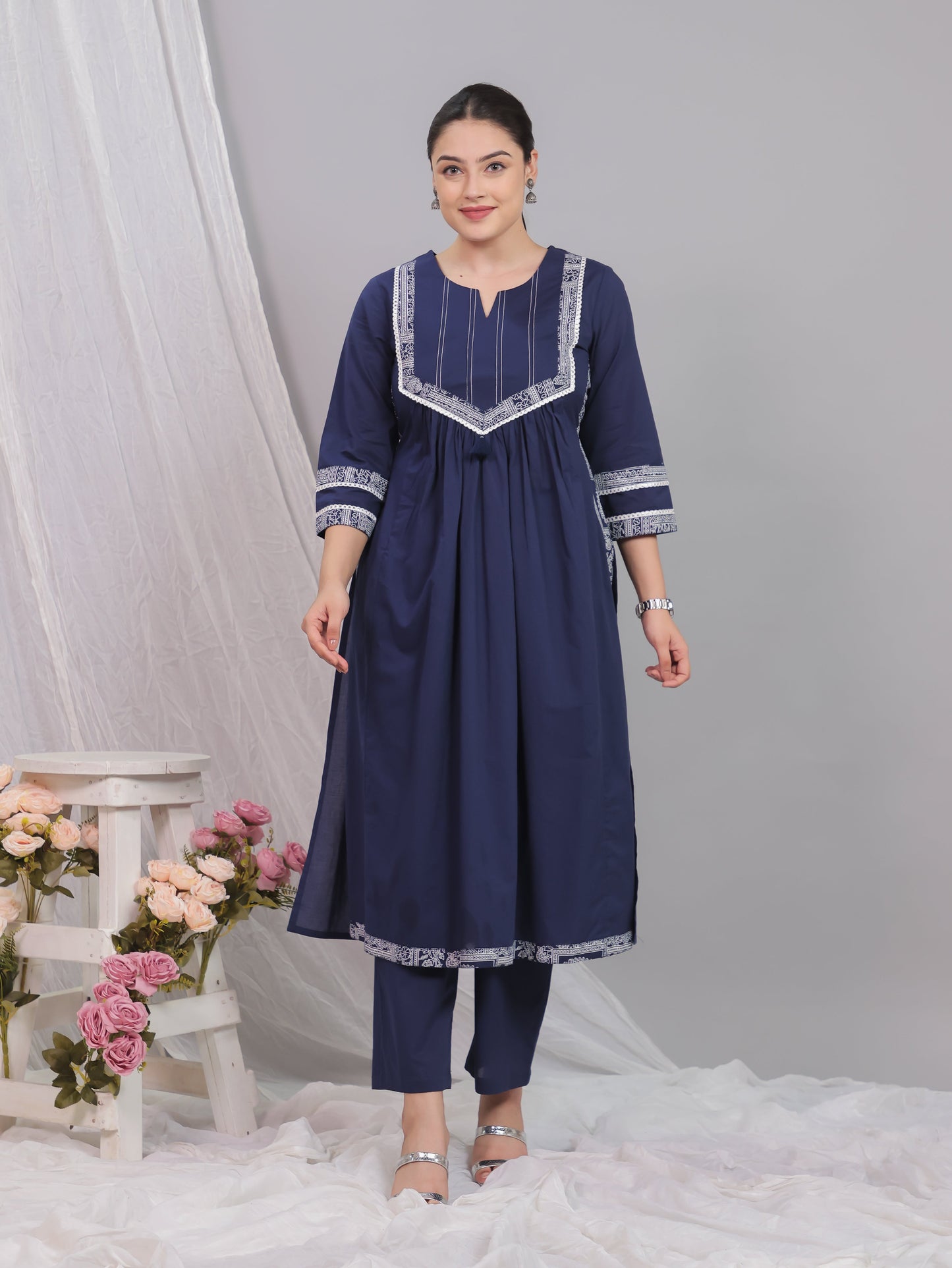 Soft Cotton Solid A-line Blue Kurta