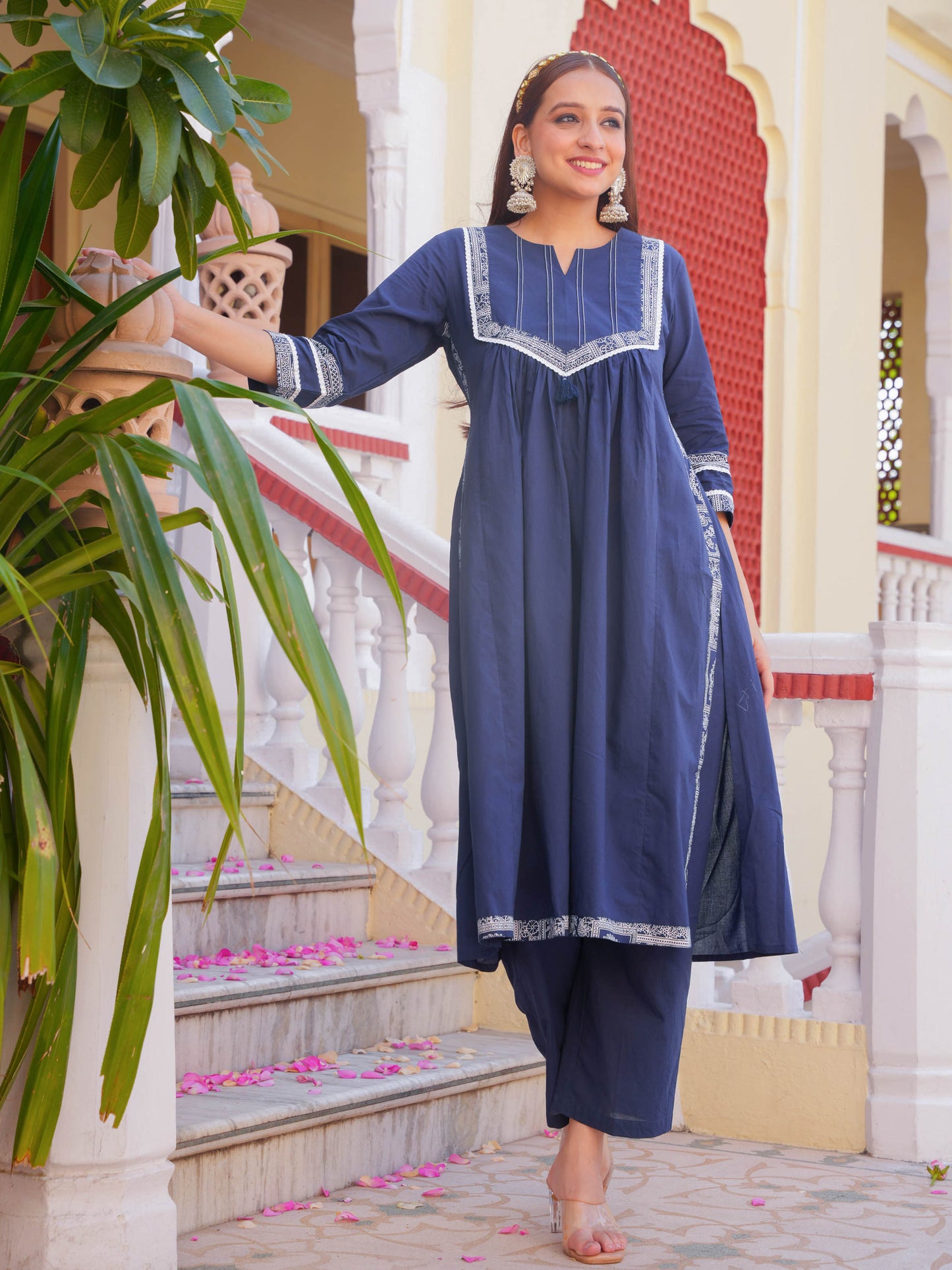 Soft Cotton Solid A-line Blue Kurta