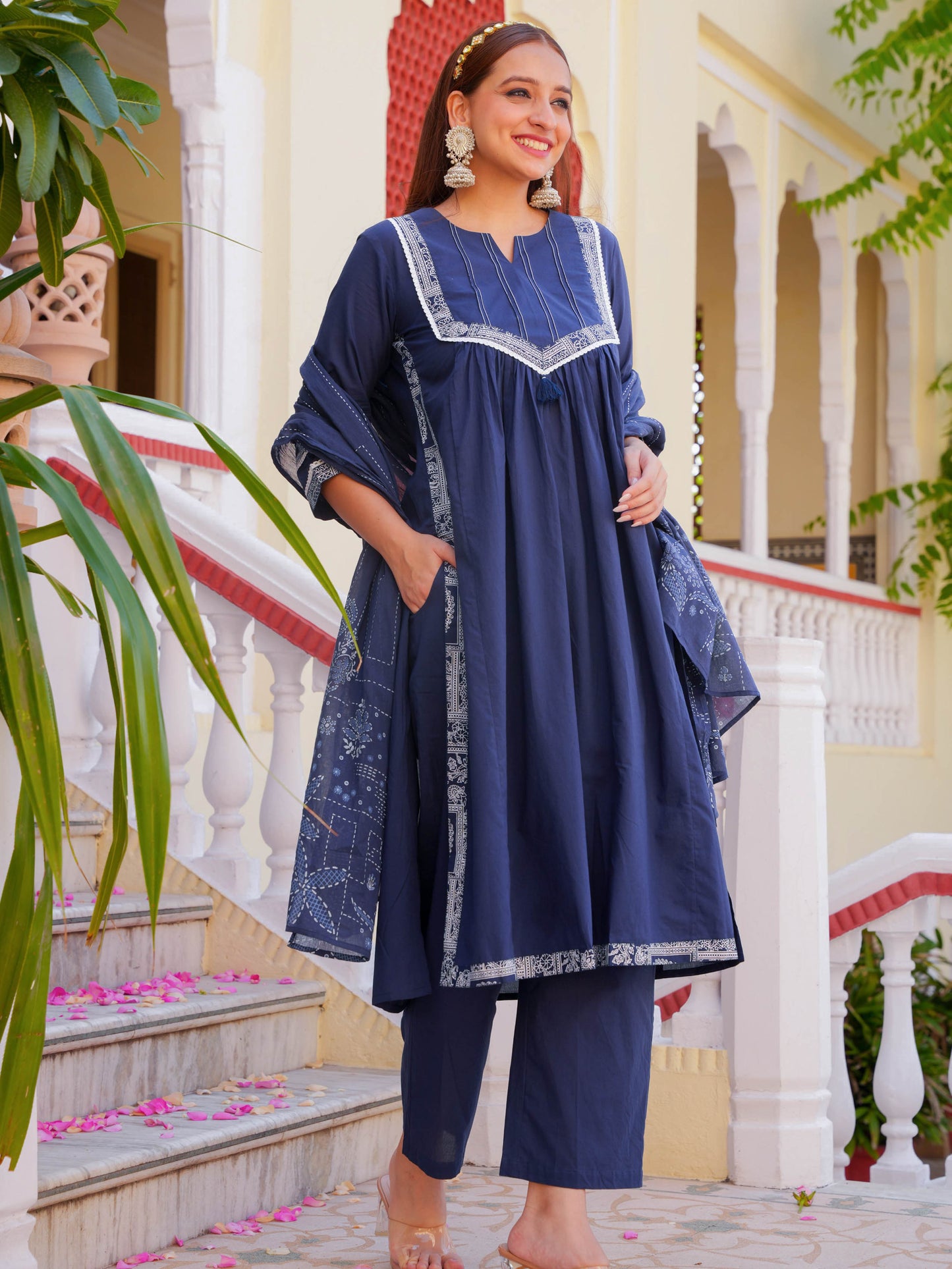 Soft Cotton Solid A-line Blue Kurta