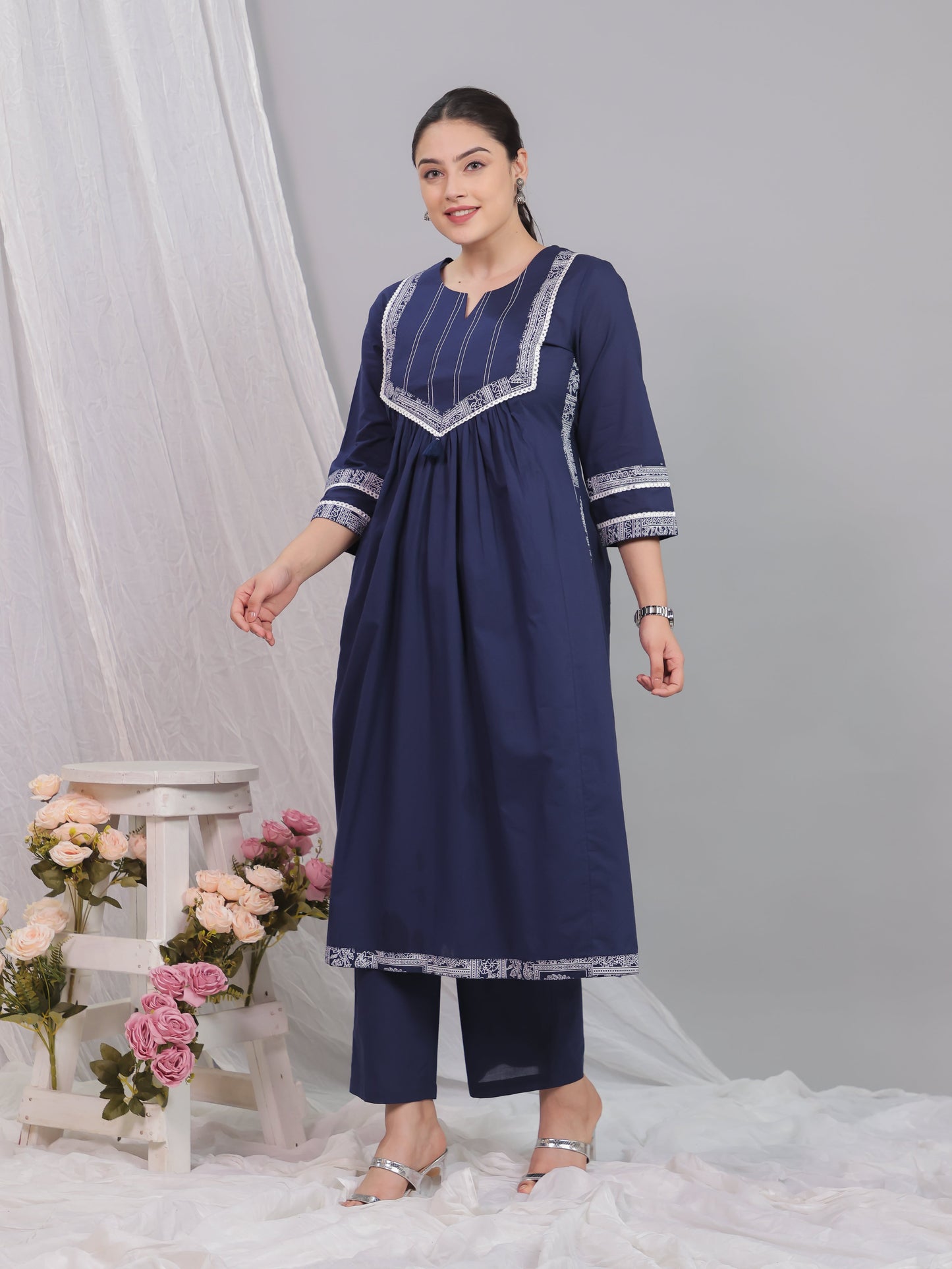 Soft Cotton Solid A-line Blue Kurta