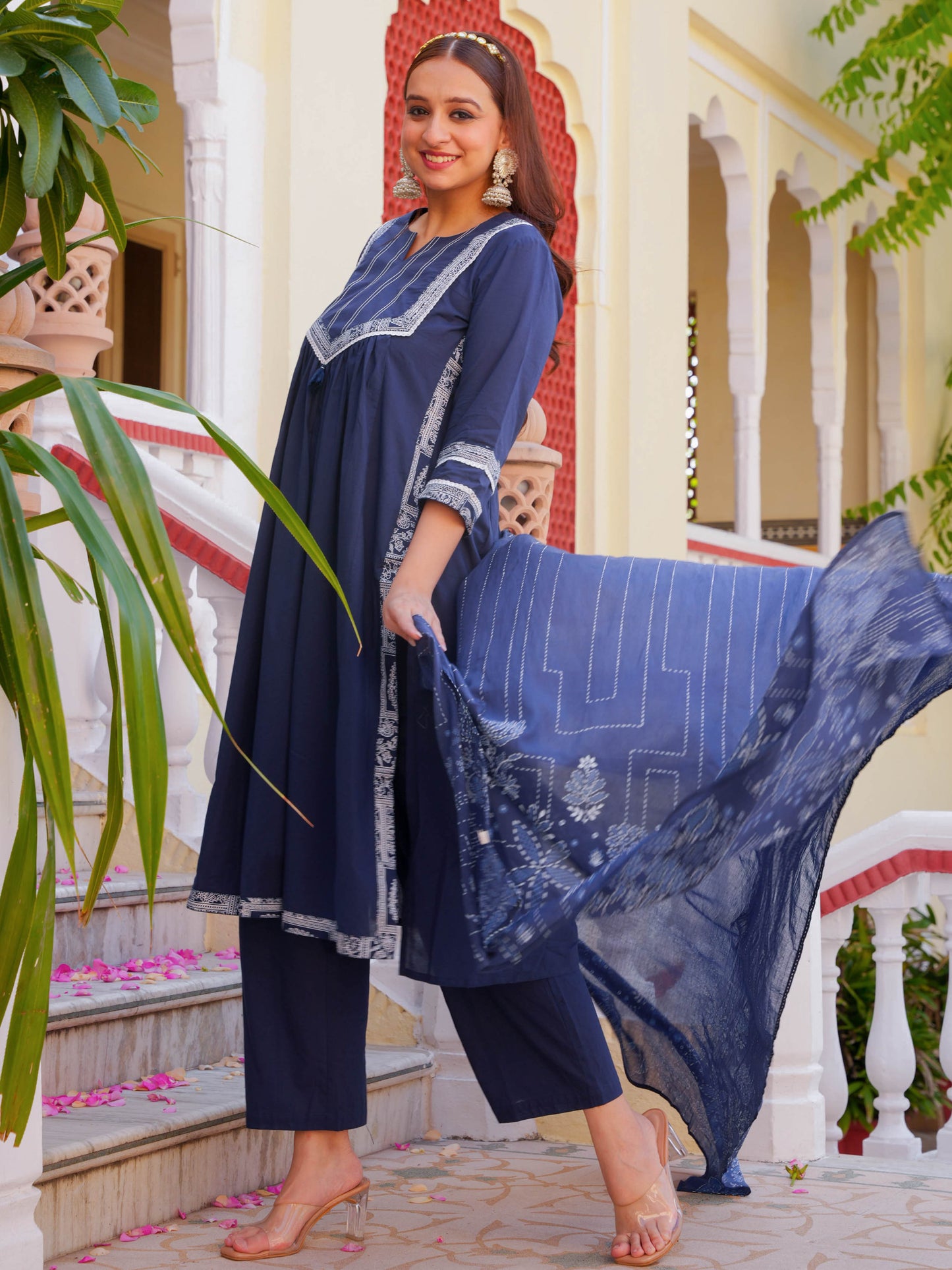 Soft Cotton Solid A-line Blue Kurta