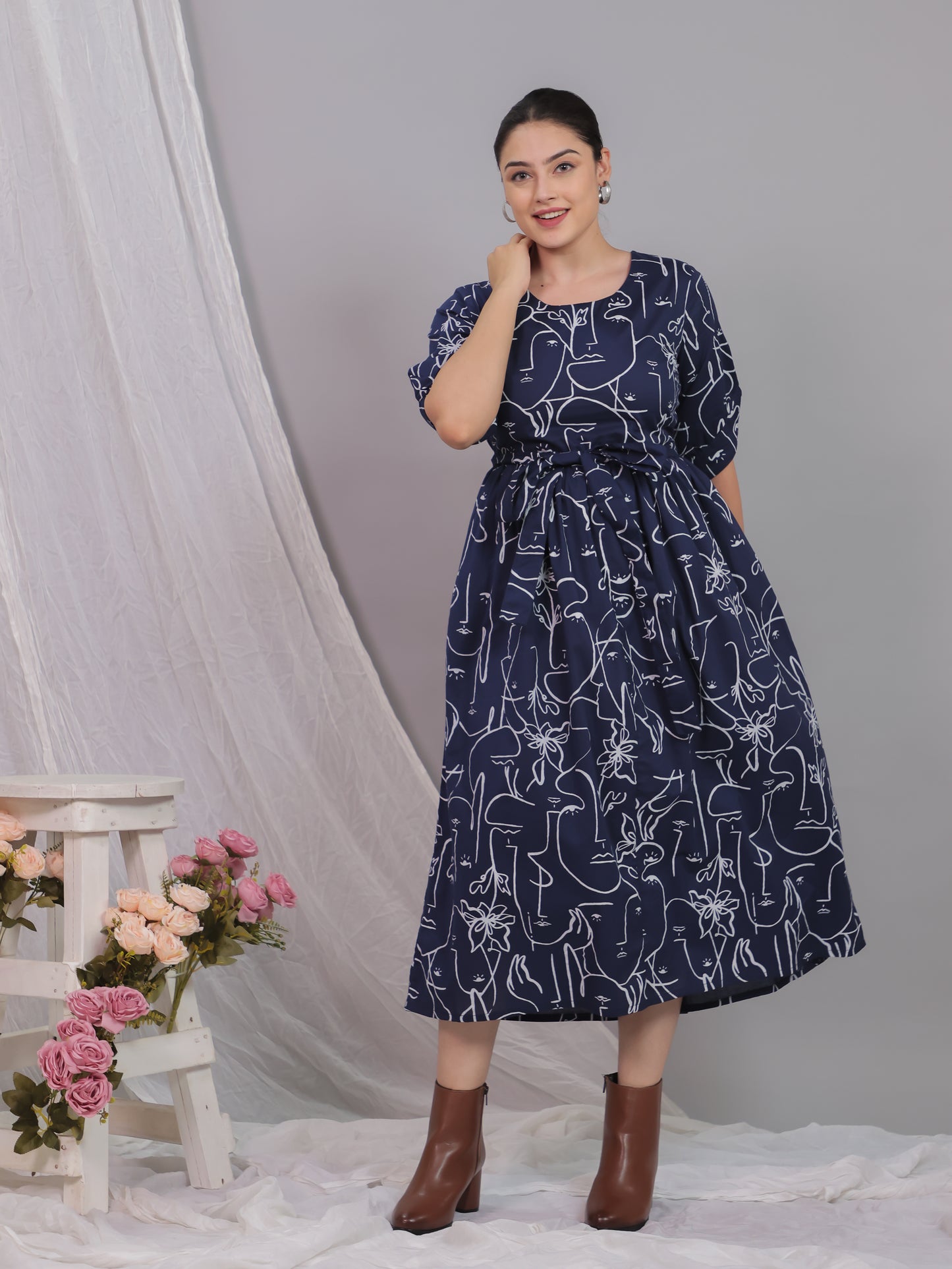 Soft Cotton Abstract A-line Blue Dress