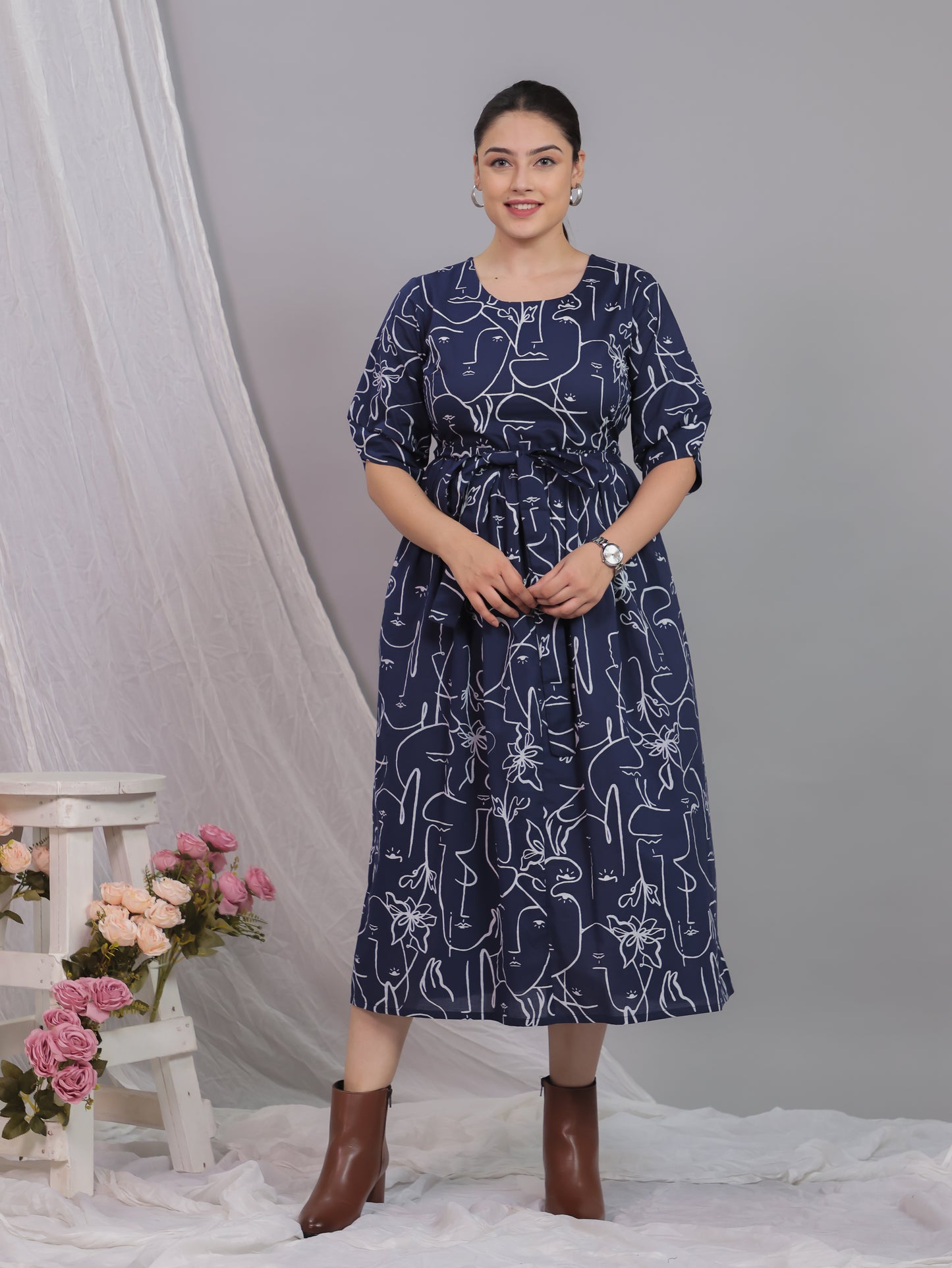 Soft Cotton Abstract A-line Blue Dress