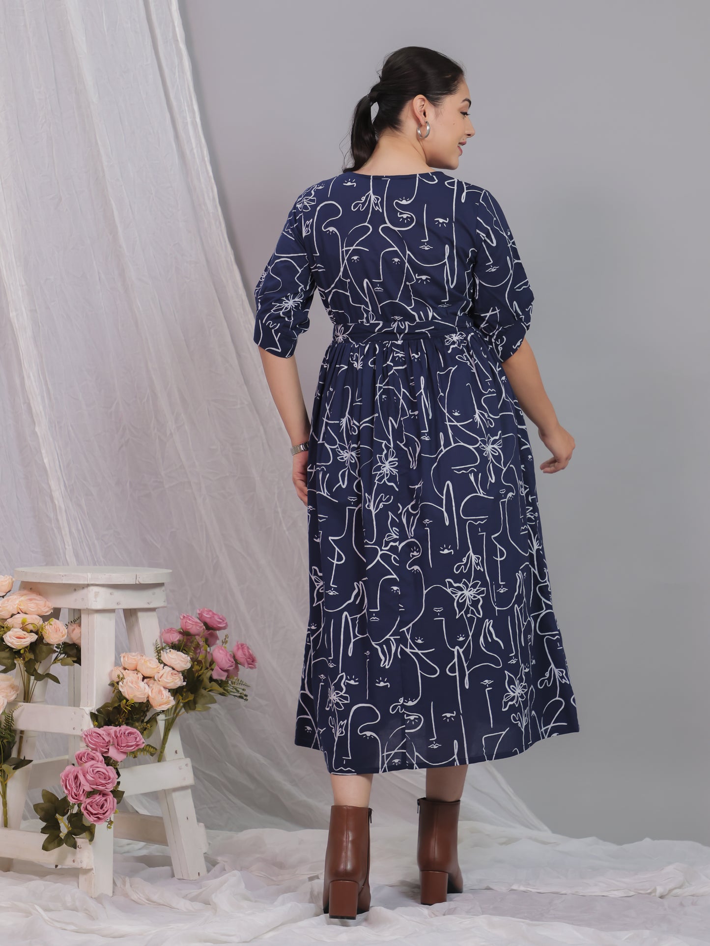 Soft Cotton Abstract A-line Blue Dress