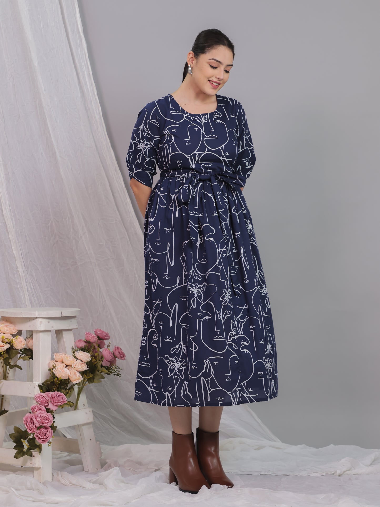 Soft Cotton Abstract A-line Blue Dress