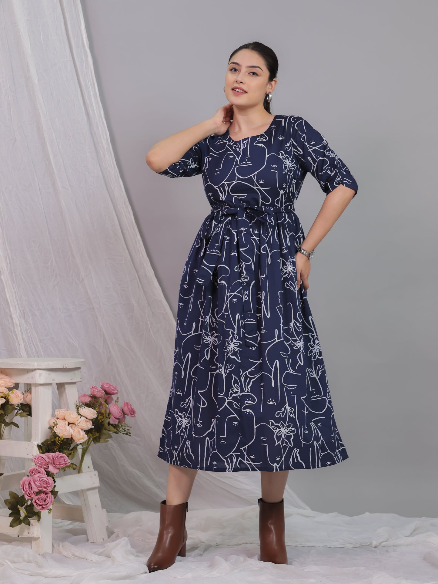 Soft Cotton Abstract A-line Blue Dress