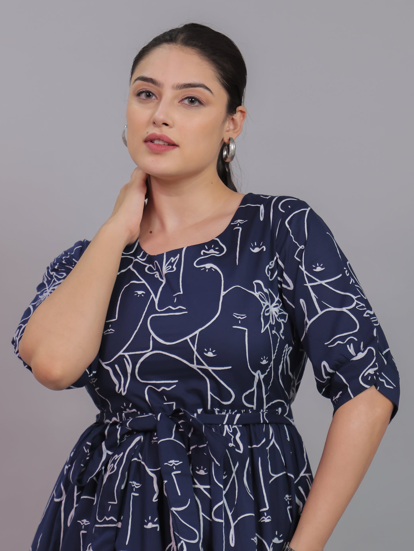 Soft Cotton Abstract A-line Blue Dress
