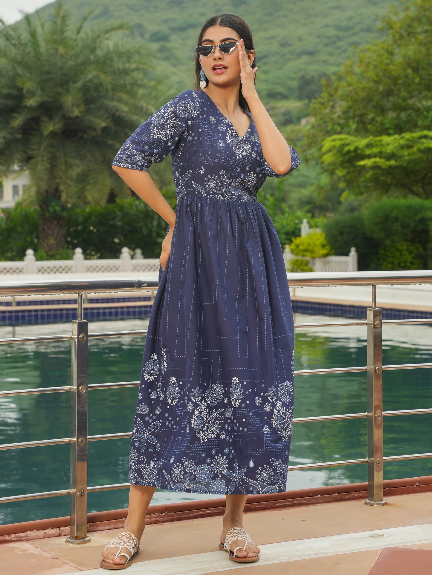 Soft Cotton Patchwork A-line Blue Dress