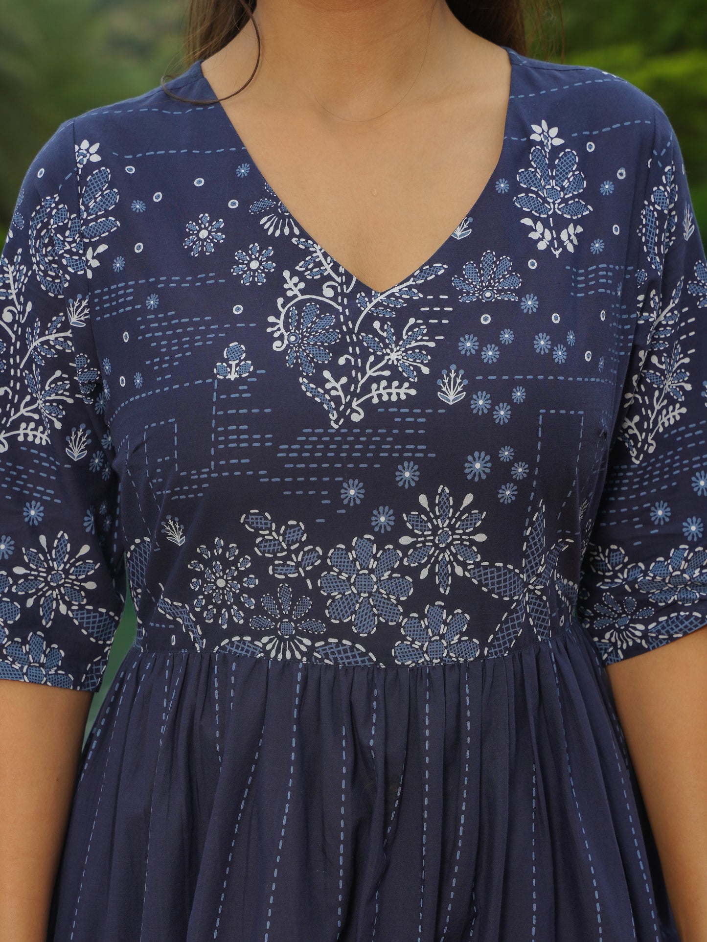 Soft Cotton Patchwork A-line Blue Dress