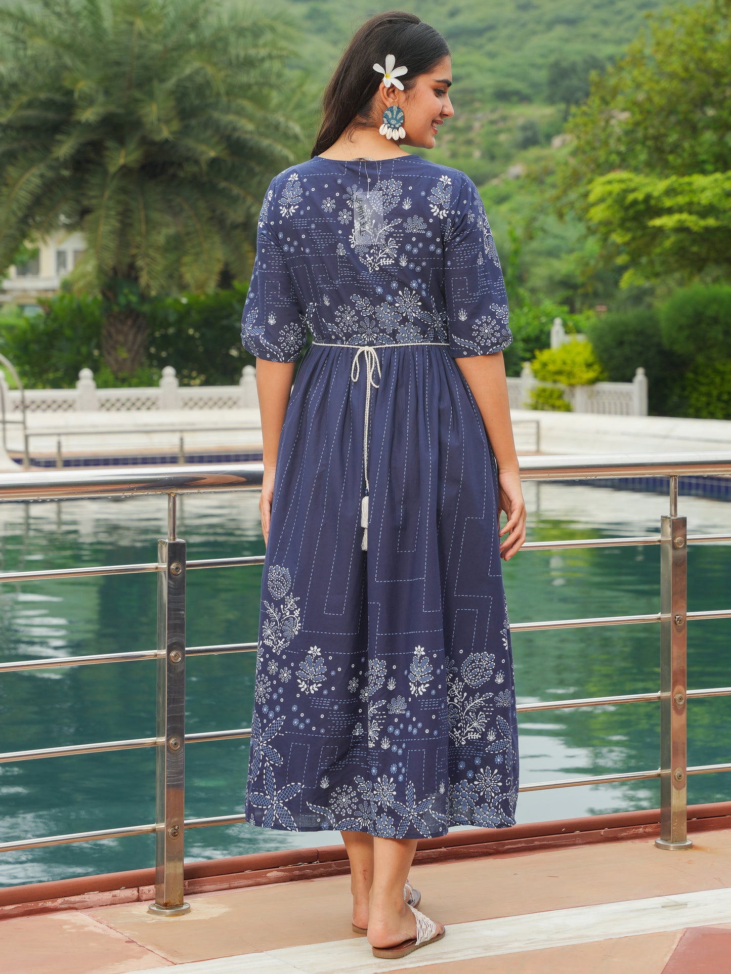 Soft Cotton Patchwork A-line Blue Dress